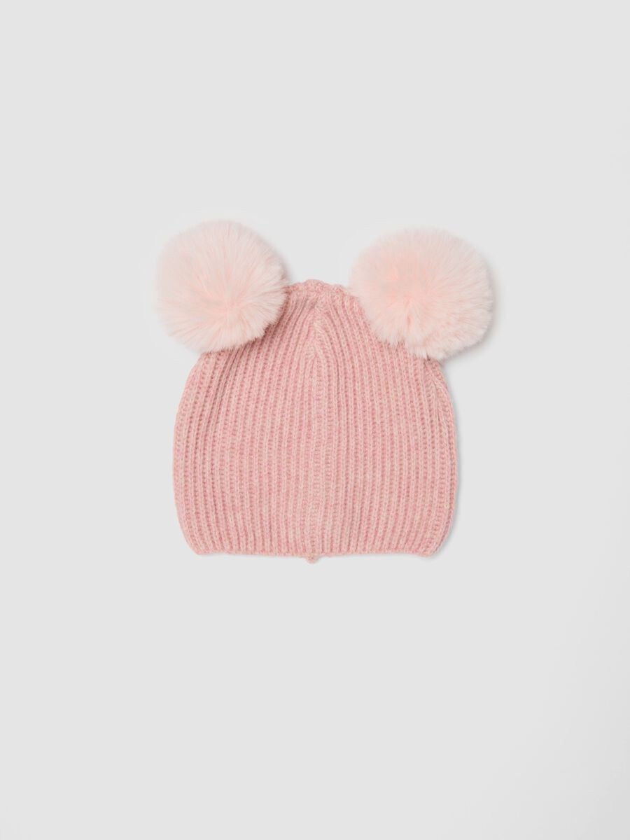 Cappello rosa in misto lana a costine con due pompon_0