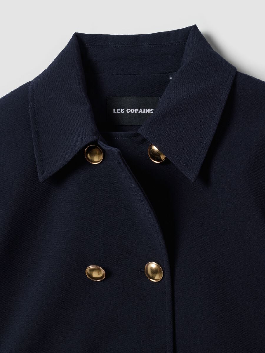 Blazer a doppio petto blu in viscosa elasticizzata con bottoni dorati_2