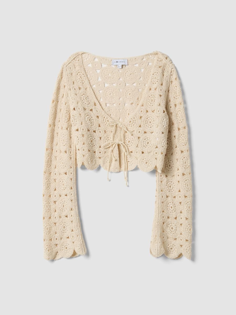 Beige cotton-blend regular-fit cardigan with openwork design_4