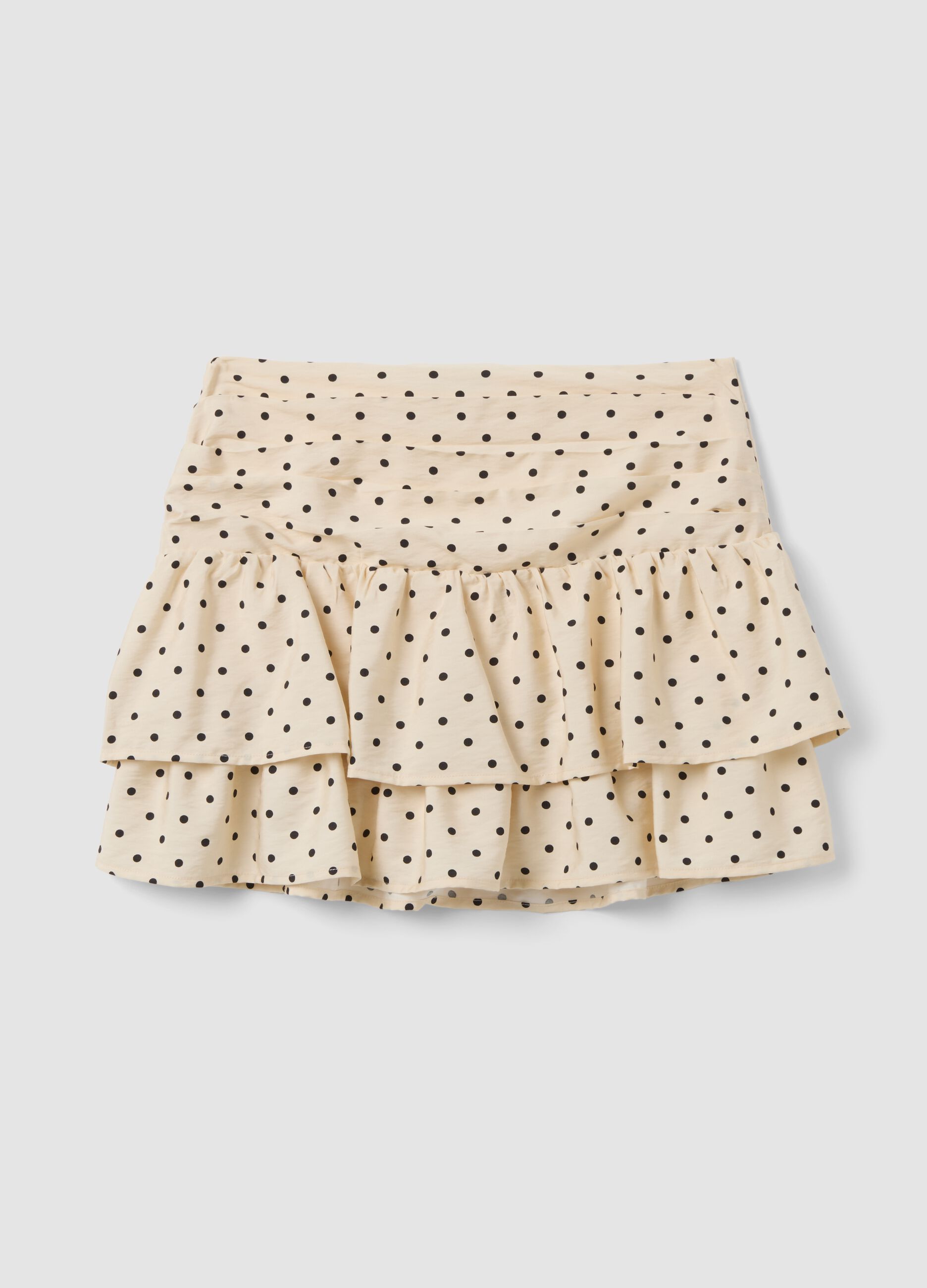 Beige viscose-blend polka dot skirt with tiered ruffles