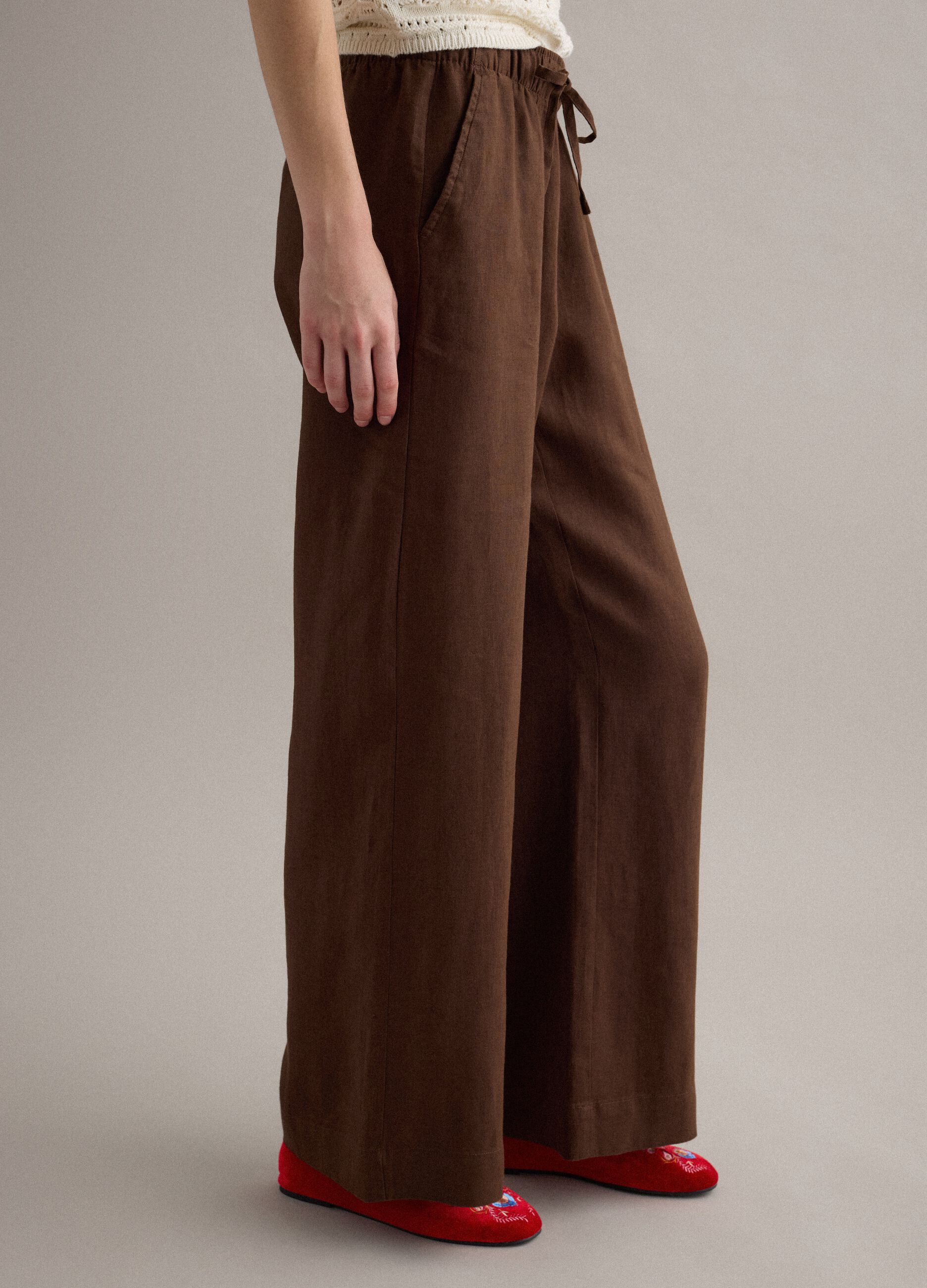 Brown pure linen drawstring trousers, straight fit
