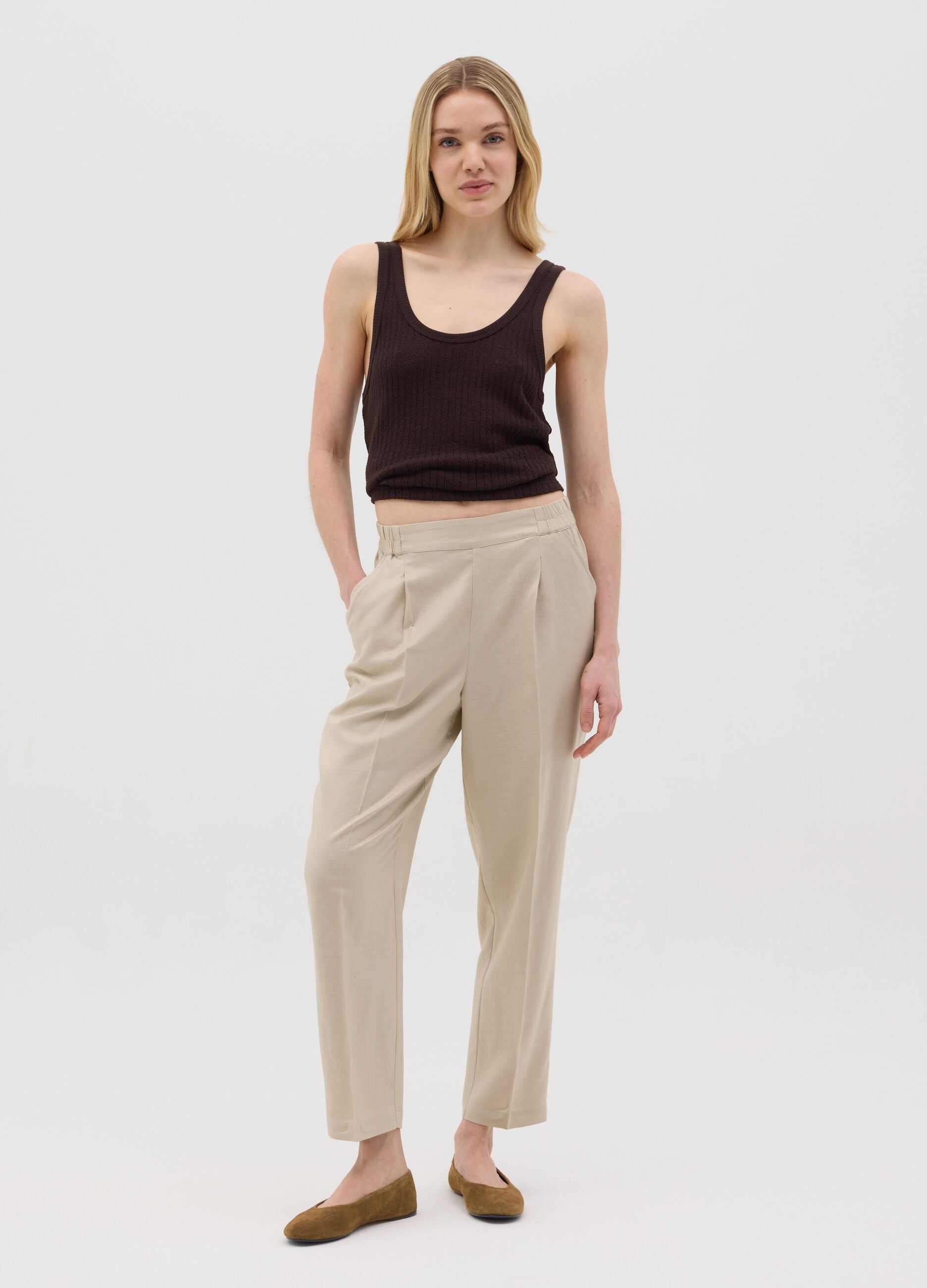 Women's beige straight trousers in viscose and linen blend