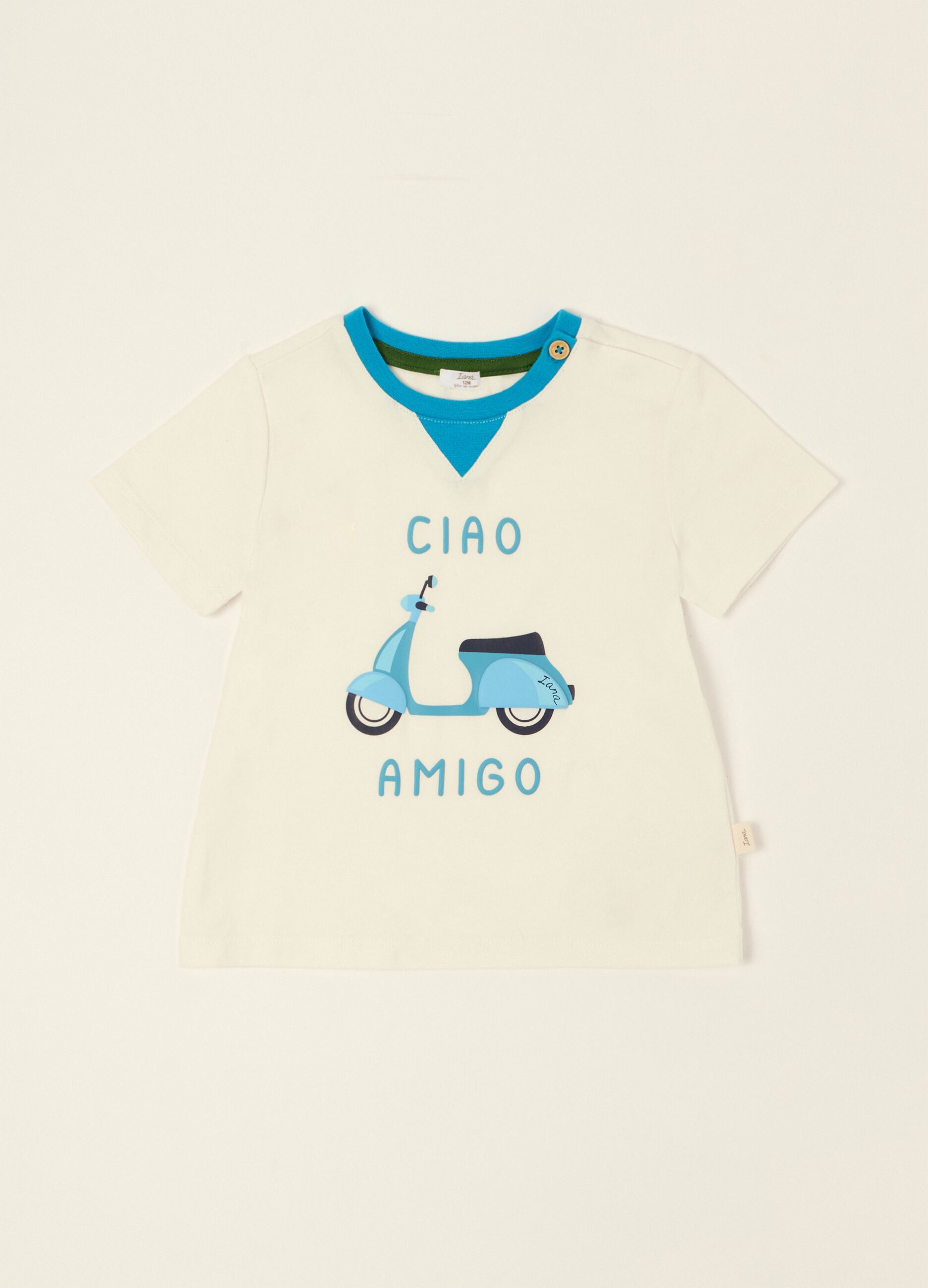 White baby T-shirt with scooter print in stretch cotton