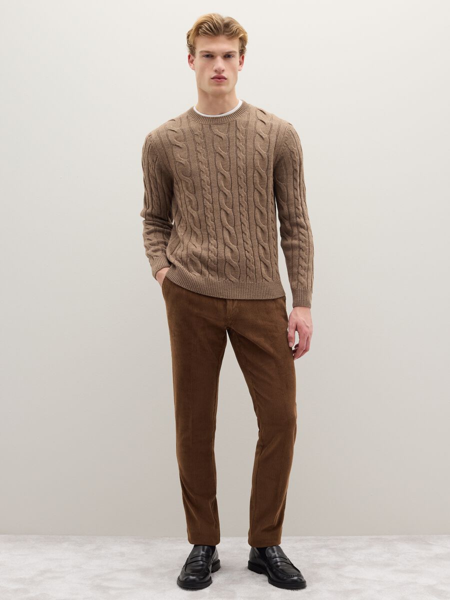 Brown regular fit stretch cotton trousers_0