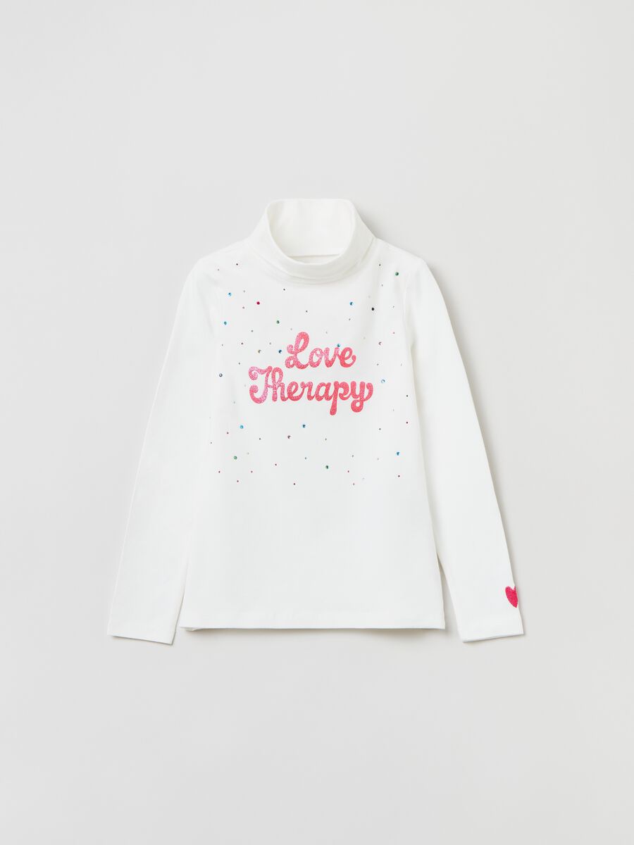 T-shirt collo alto stampa glitterata e strass_0