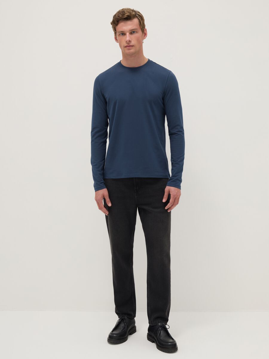 Regular fit blue long sleeve stretch cotton t-shirt_1