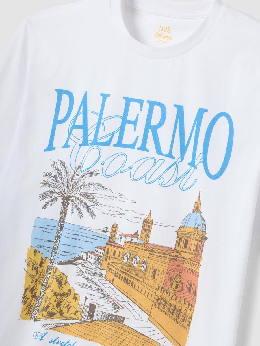 White pure cotton T-shirt with front print, regular fit_5