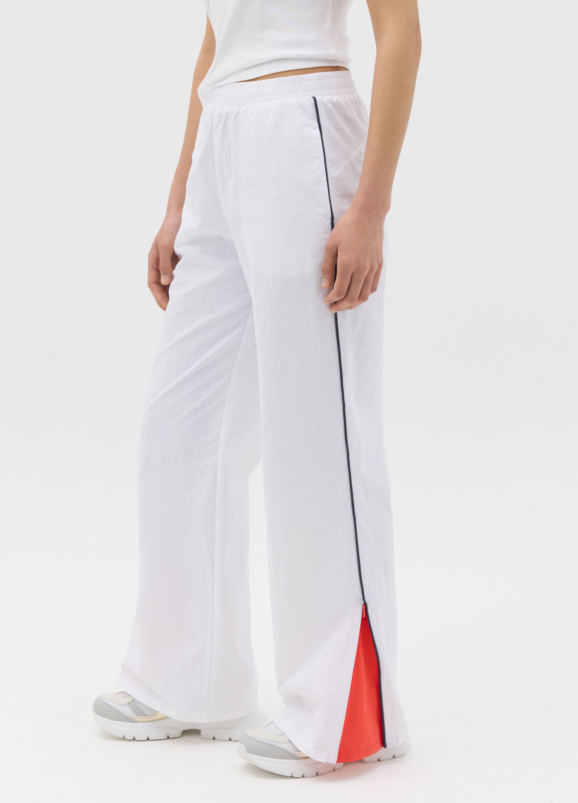 White nylon joggers with splits and zip