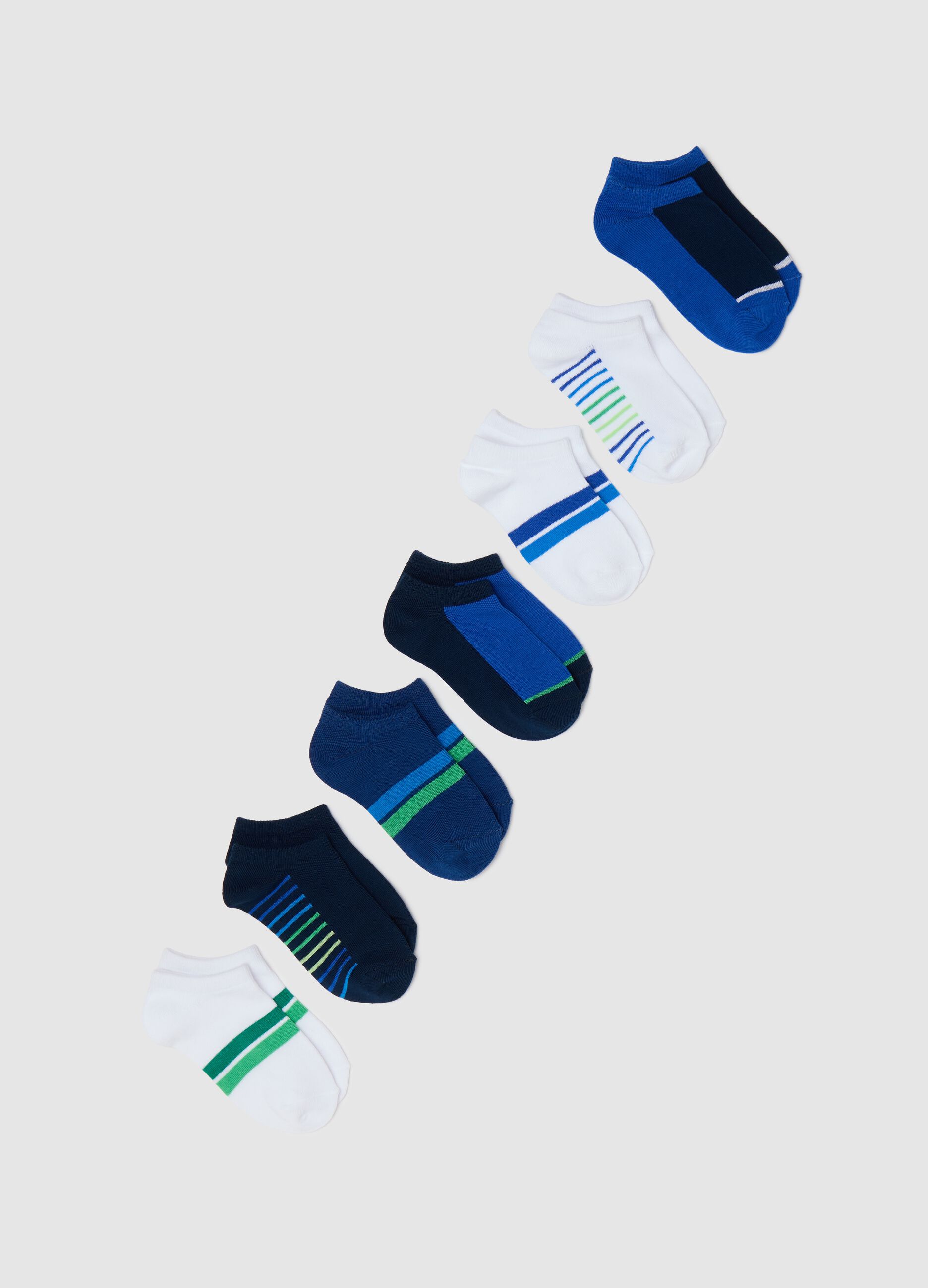 Seven-pair pack white and blue shoe liners with stripes