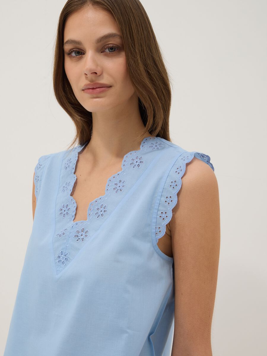 Sleeveless sky-blue pure cotton V-neck top, regular fit_0