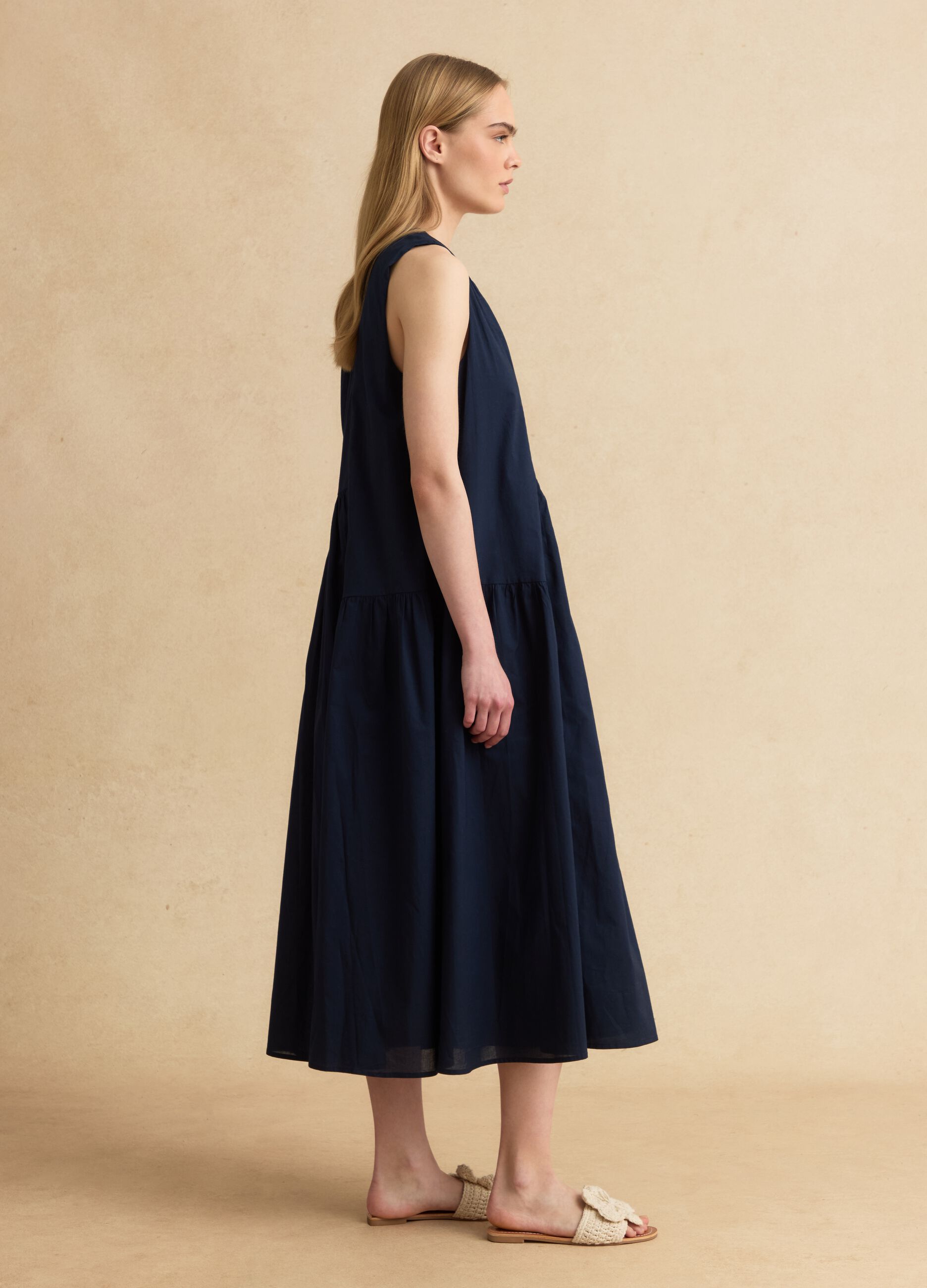 Blue pure cotton midi dress, regular fit with ruching