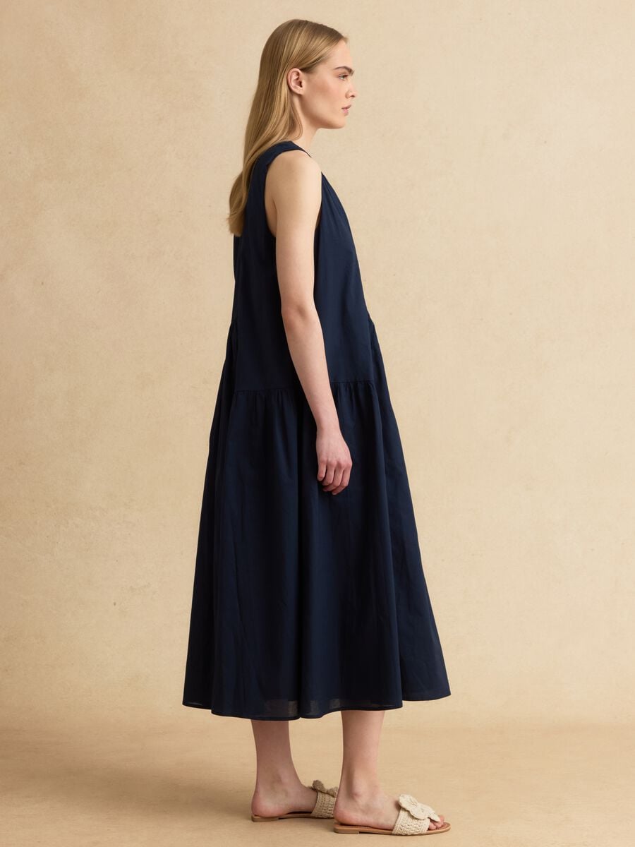 Abito midi blu in puro cotone regular fit con arricciature_1