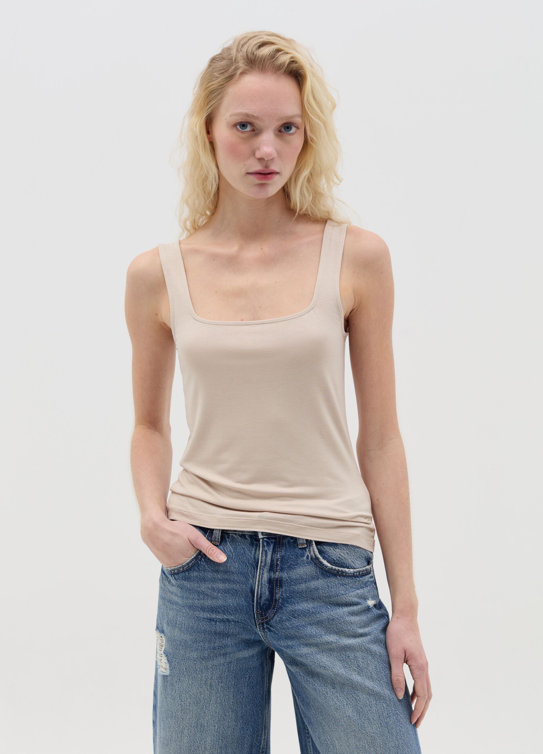 Basic beige tank top in stretch viscose