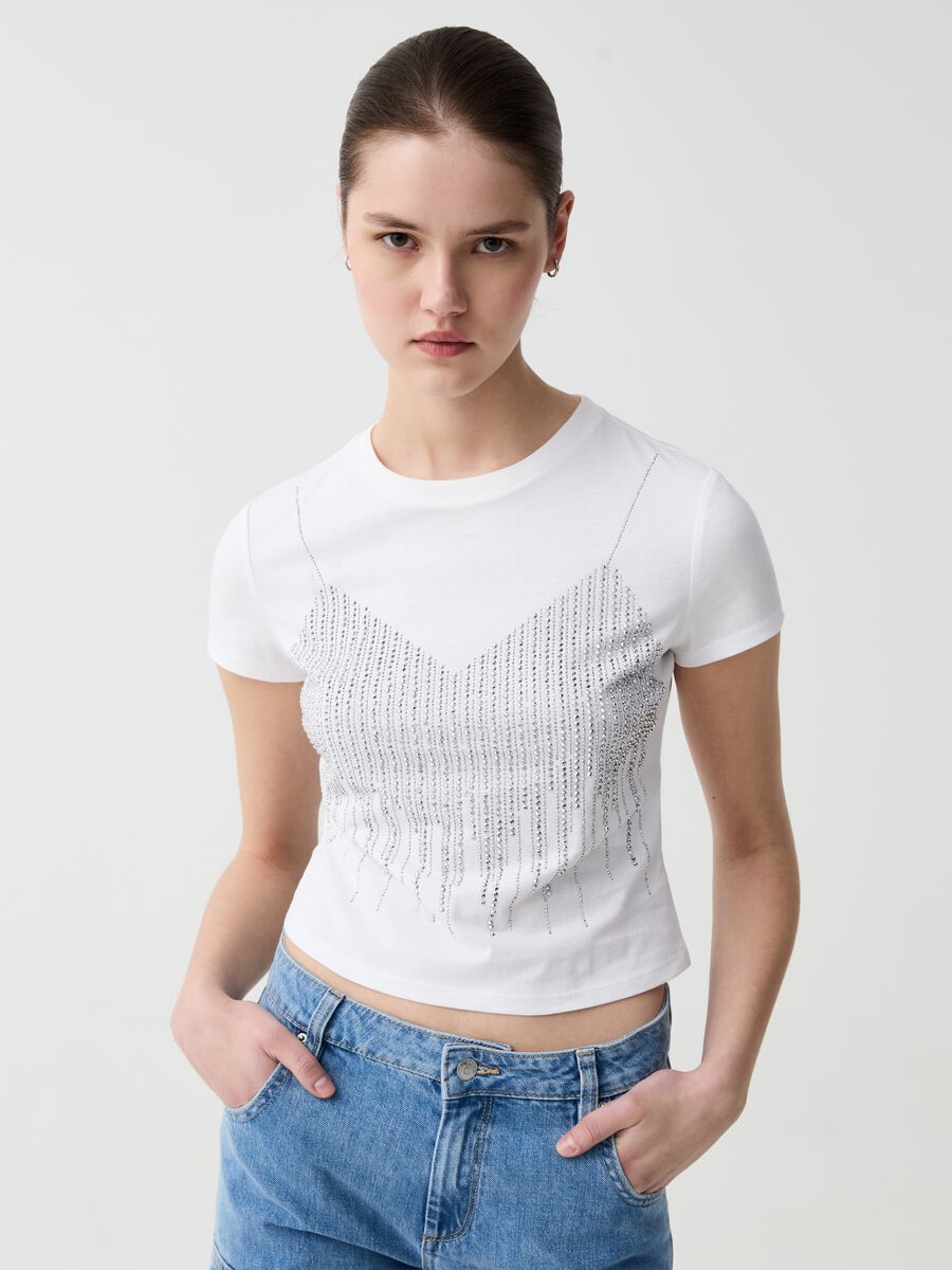 Cotton T-shirt with diamanté design_0