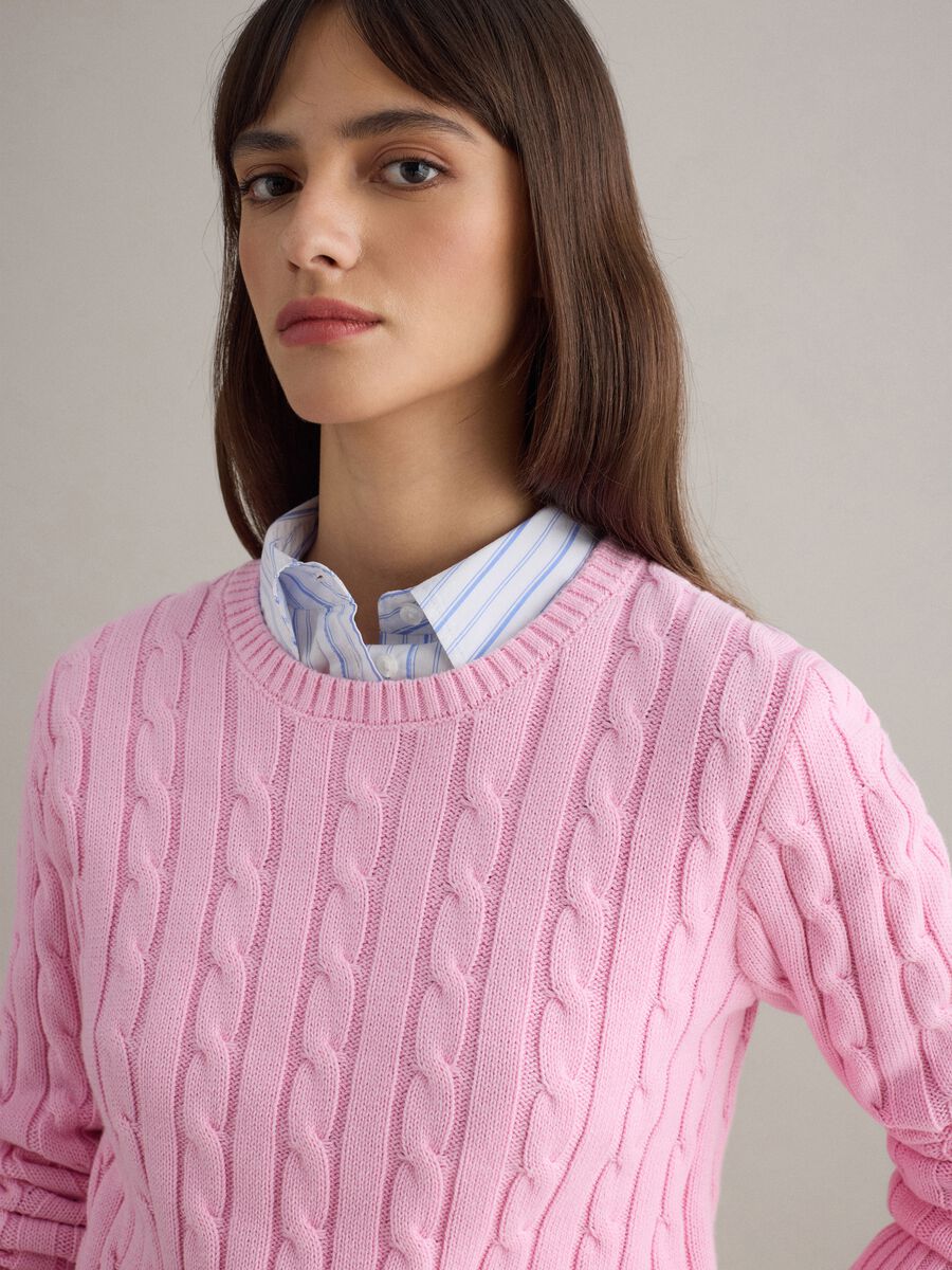 Pink pure cotton regular fit jumper with cable knit_3