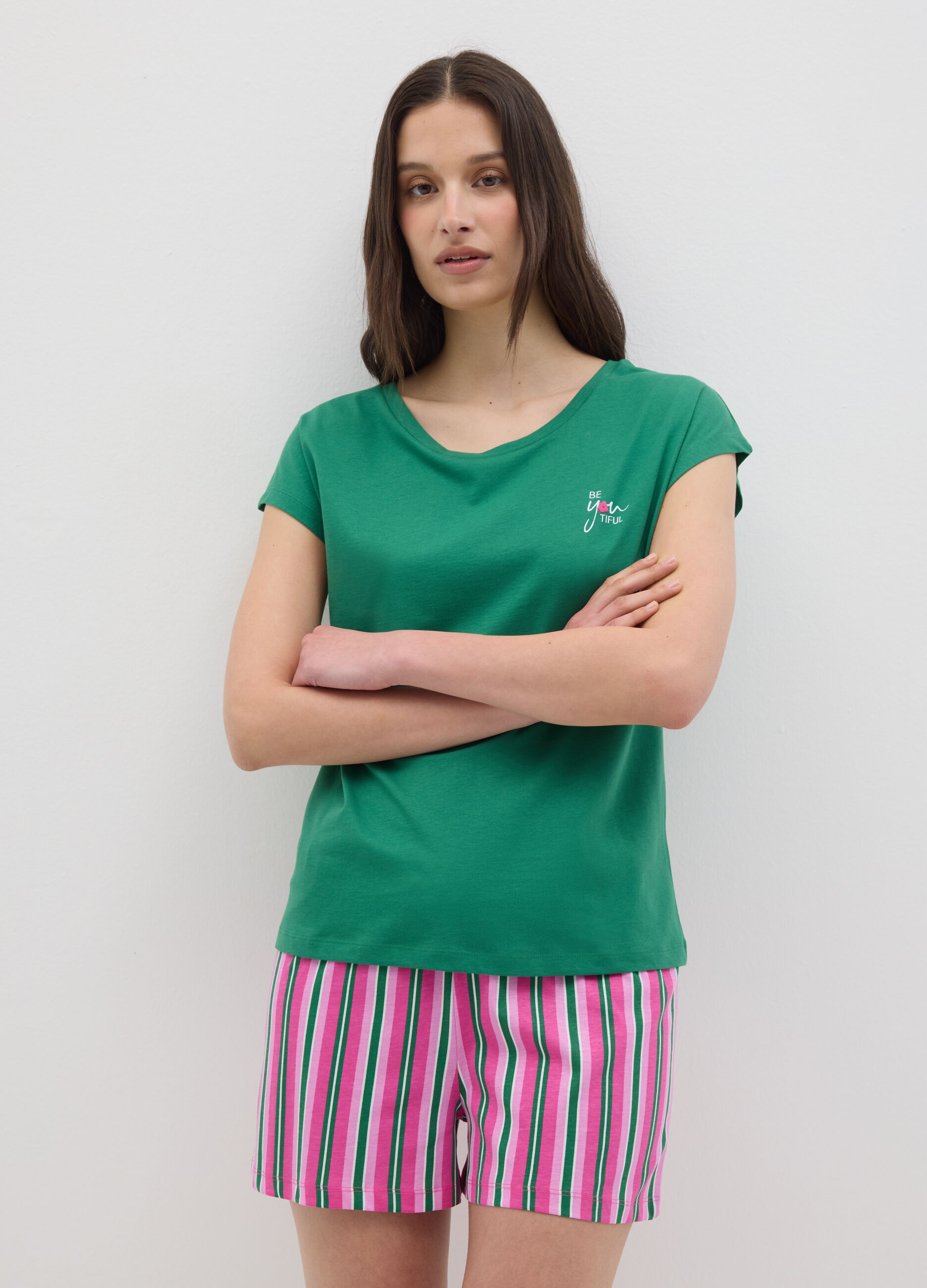 Set pigiama da donna in puro cotone verde e rosa regular fit