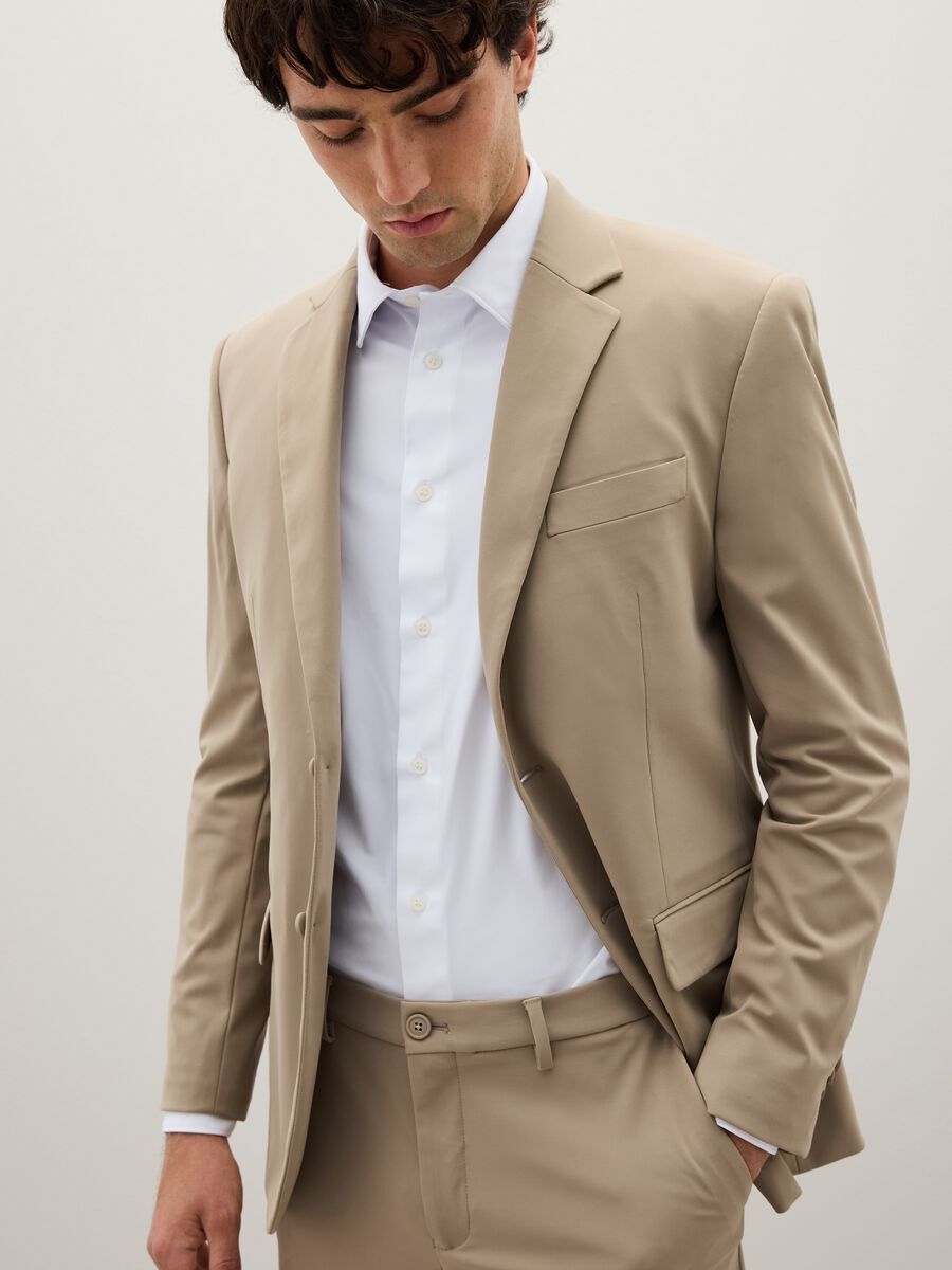 Beige Stretch Fabric Slim Fit Blazer_2