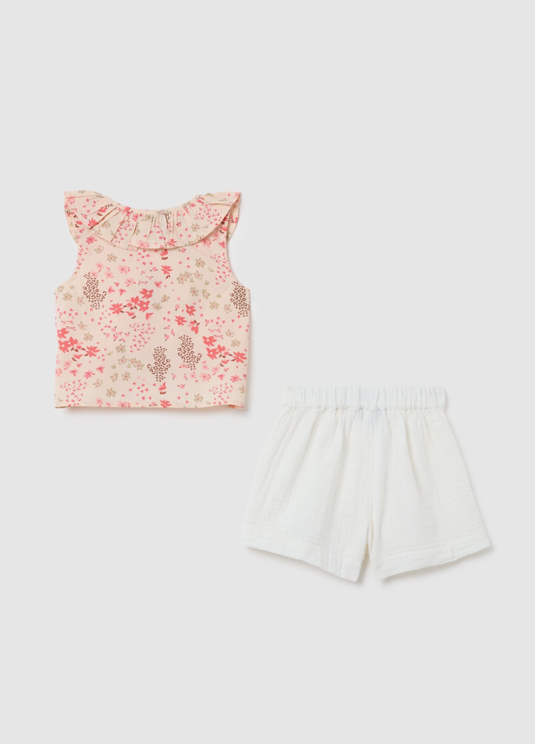 Completo da bambina in misto cotone con pantaloncini multicolor