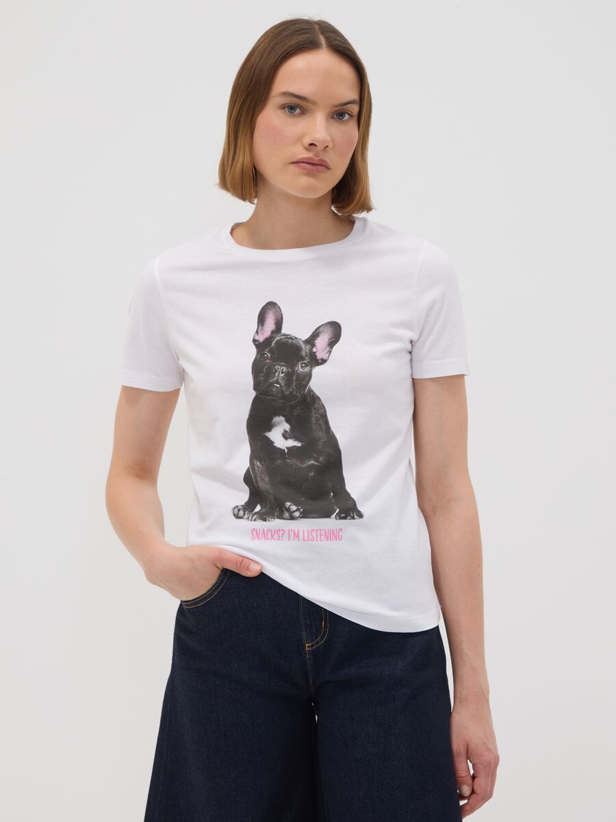 White pure cotton crew-neck T-shirt with puppy print, regular fit_1