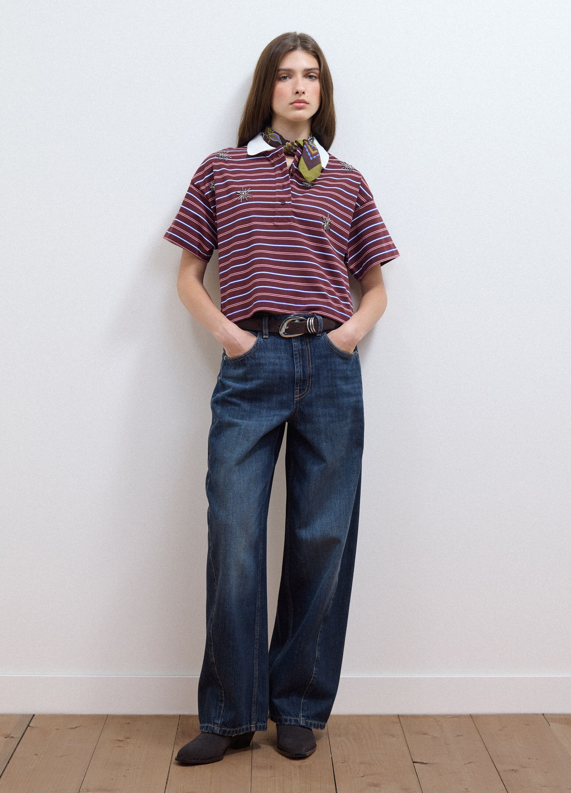 Multicolour striped pure cotton polo with oversized collar