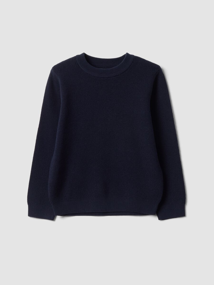 Maglia blu in misto cotone girocollo lavorata a maglia_0