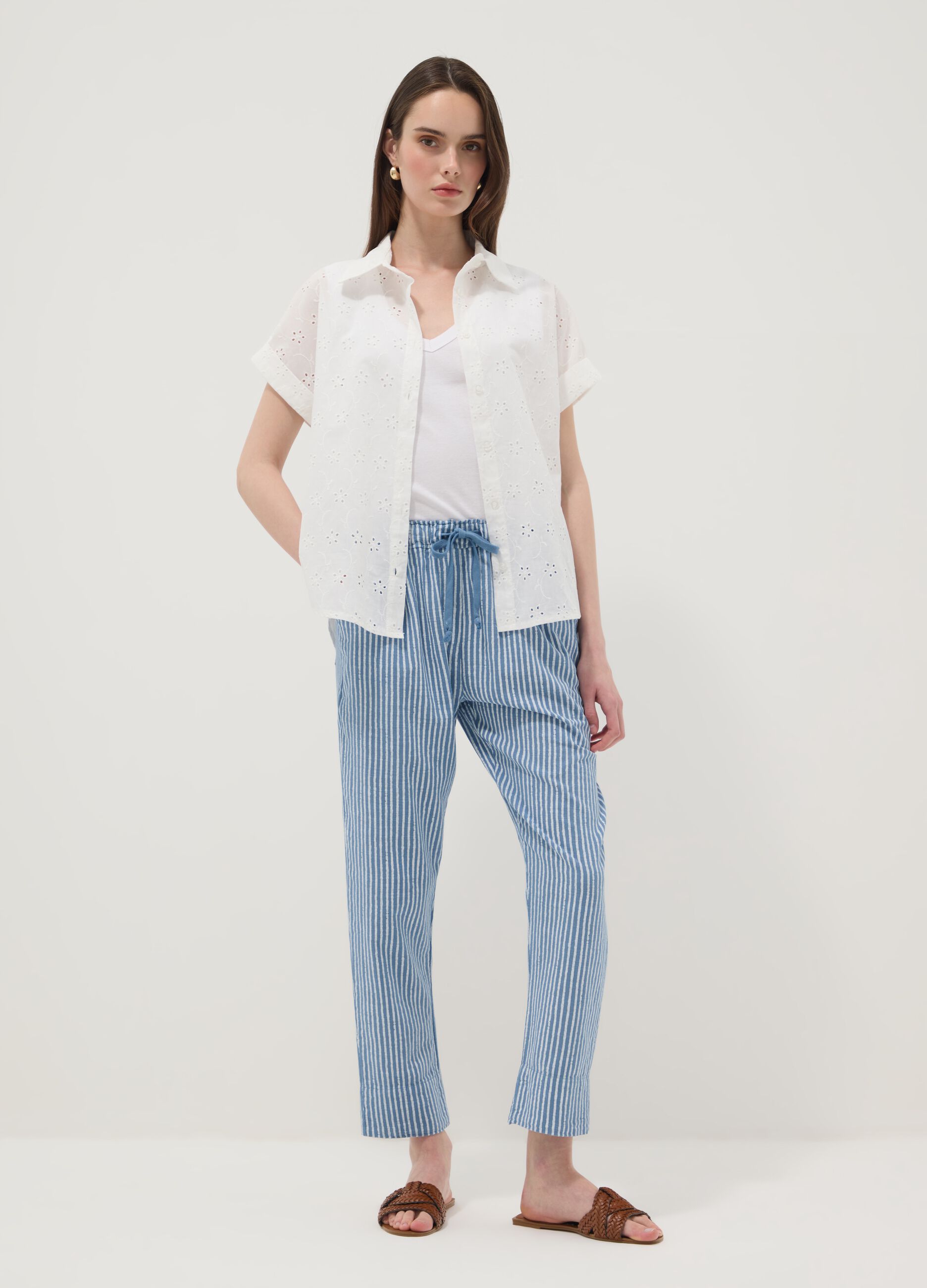 Blue striped pure cotton regular-fit trousers