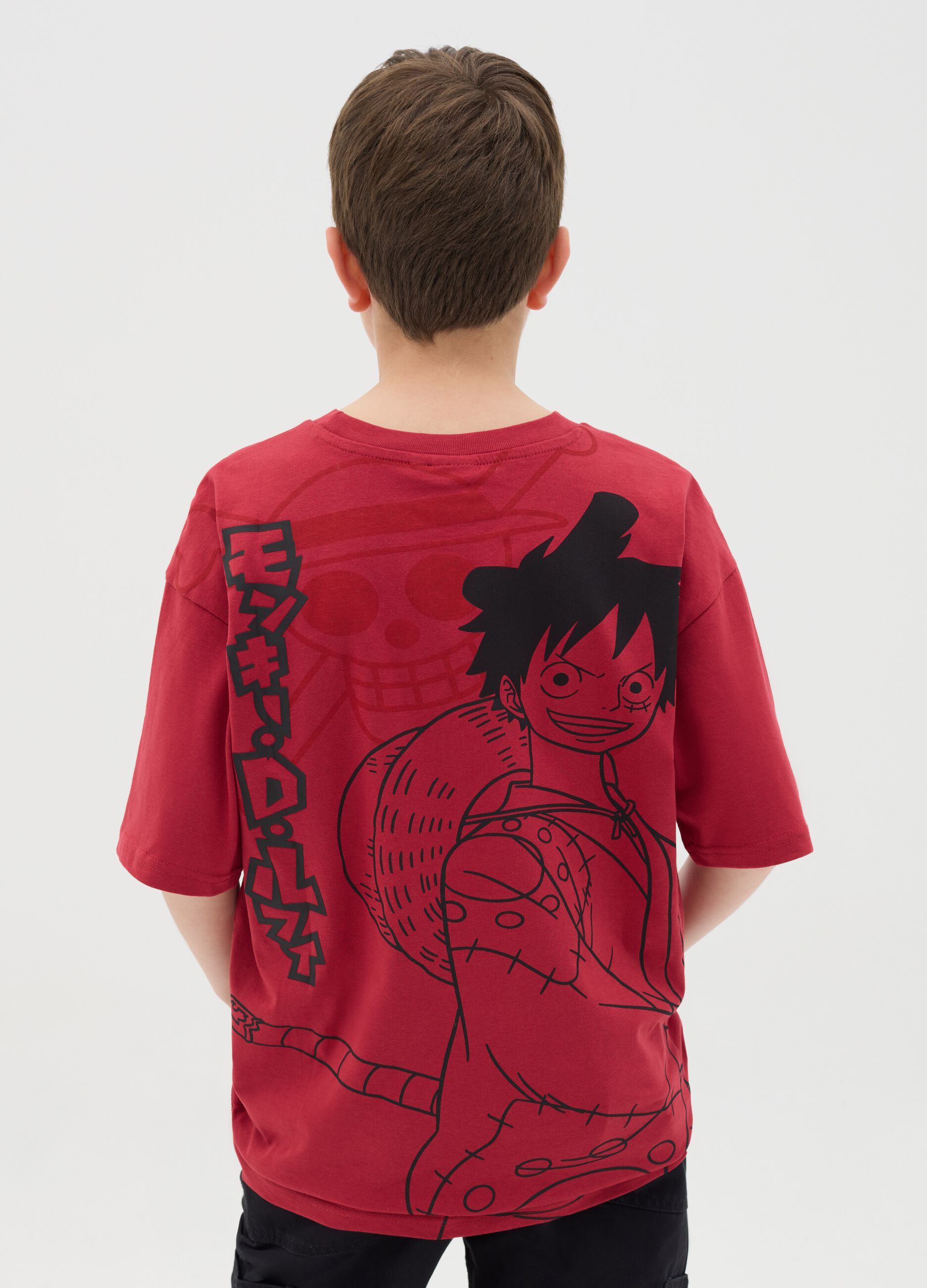 Red Cotton Children's T-shirt with Monkey D. Luffy Print