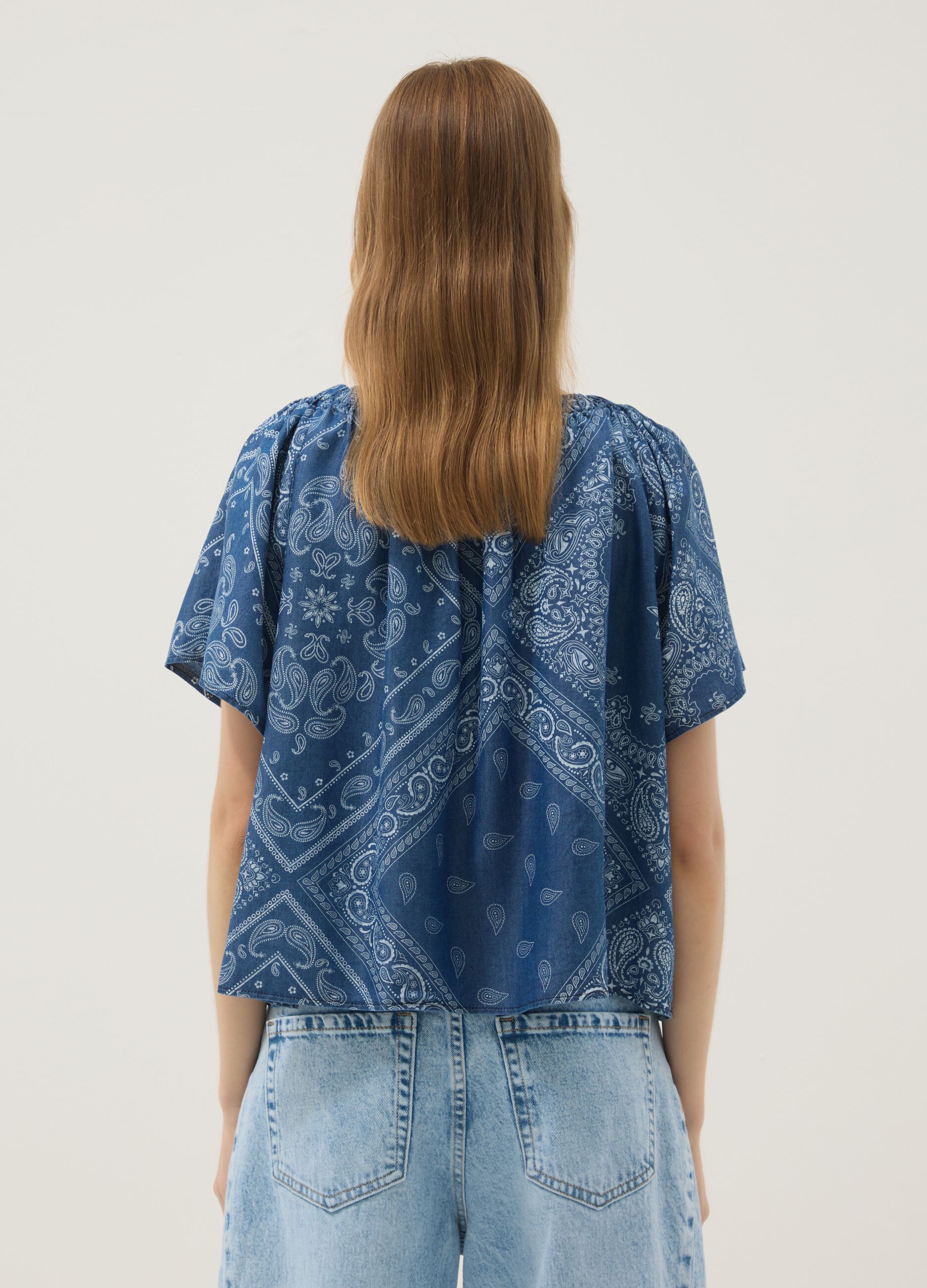 Blue pure lyocell paisley print blouse, regular fit