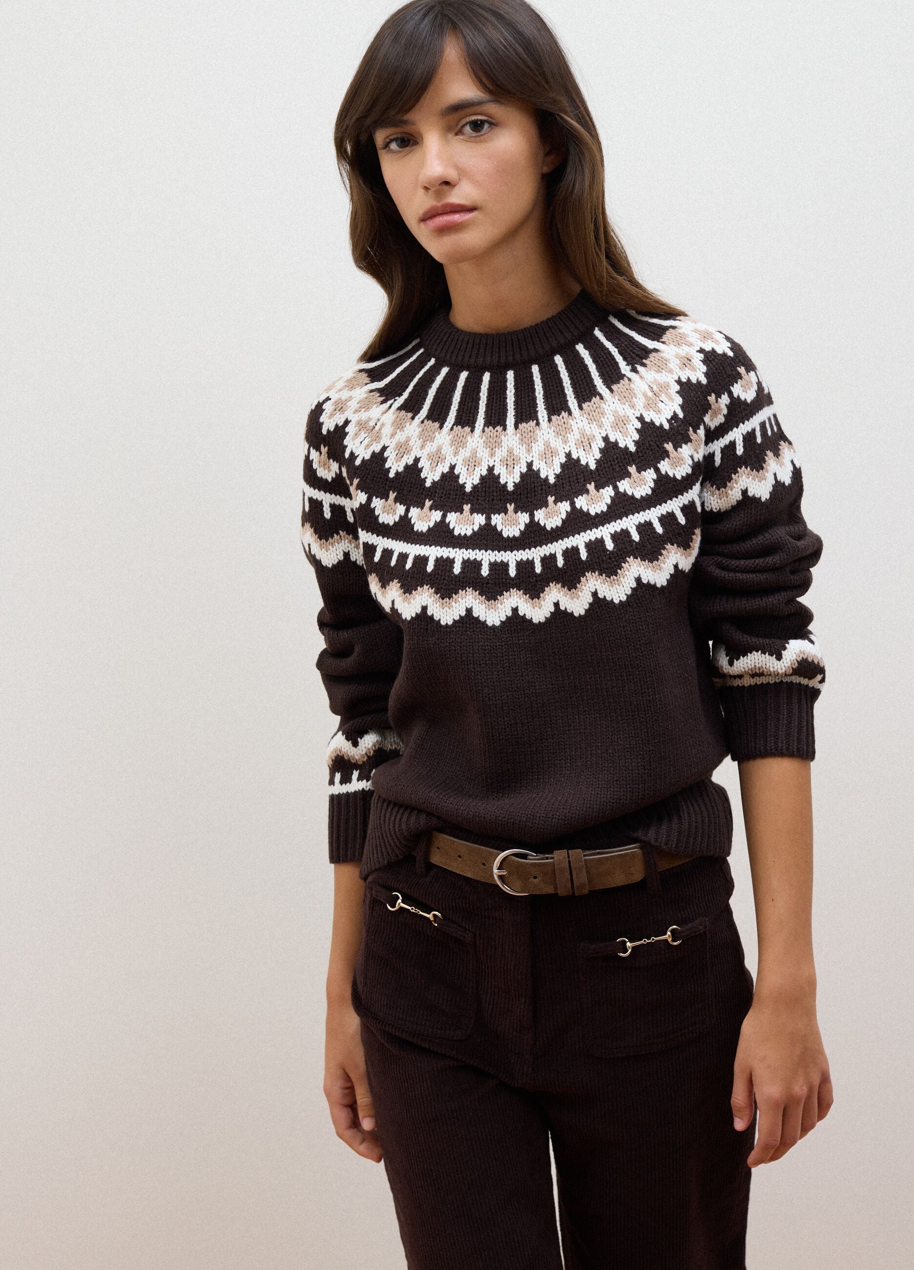 Brown jacquard wool-blend crew-neck jumper, regular fit