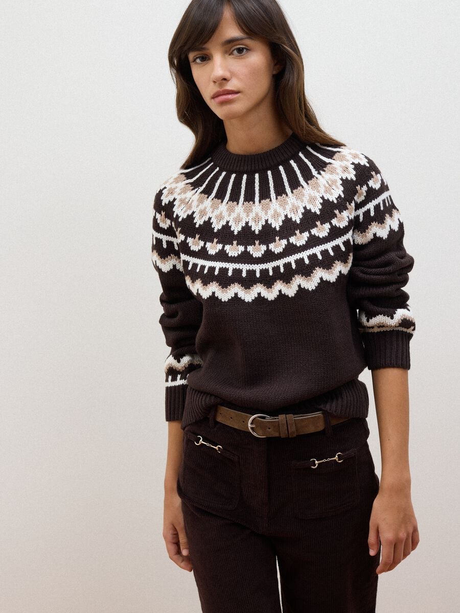 Brown jacquard wool-blend crew-neck jumper, regular fit_0