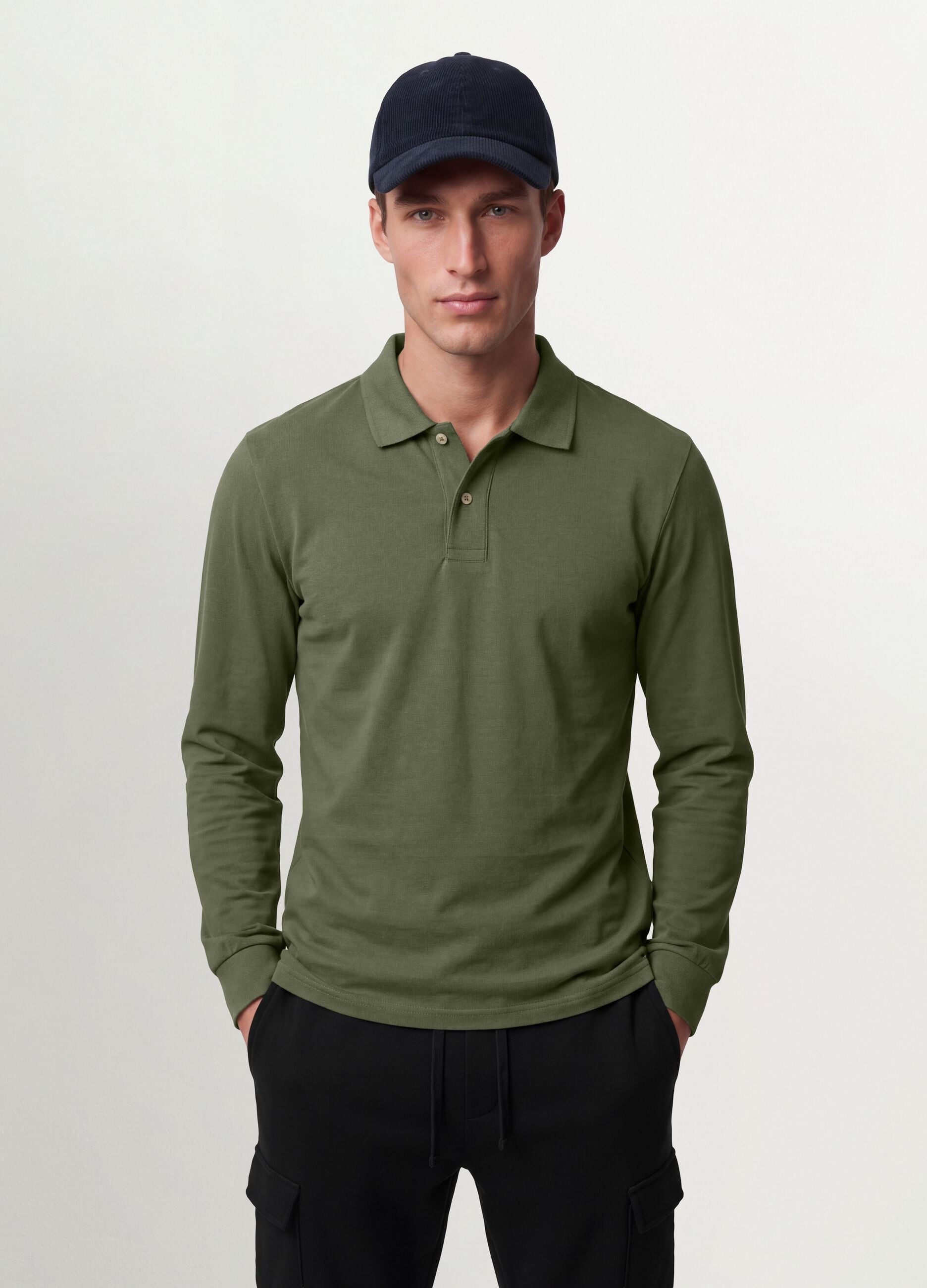 Green long-sleeve organic cotton piqu&eacute; polo, regular fit