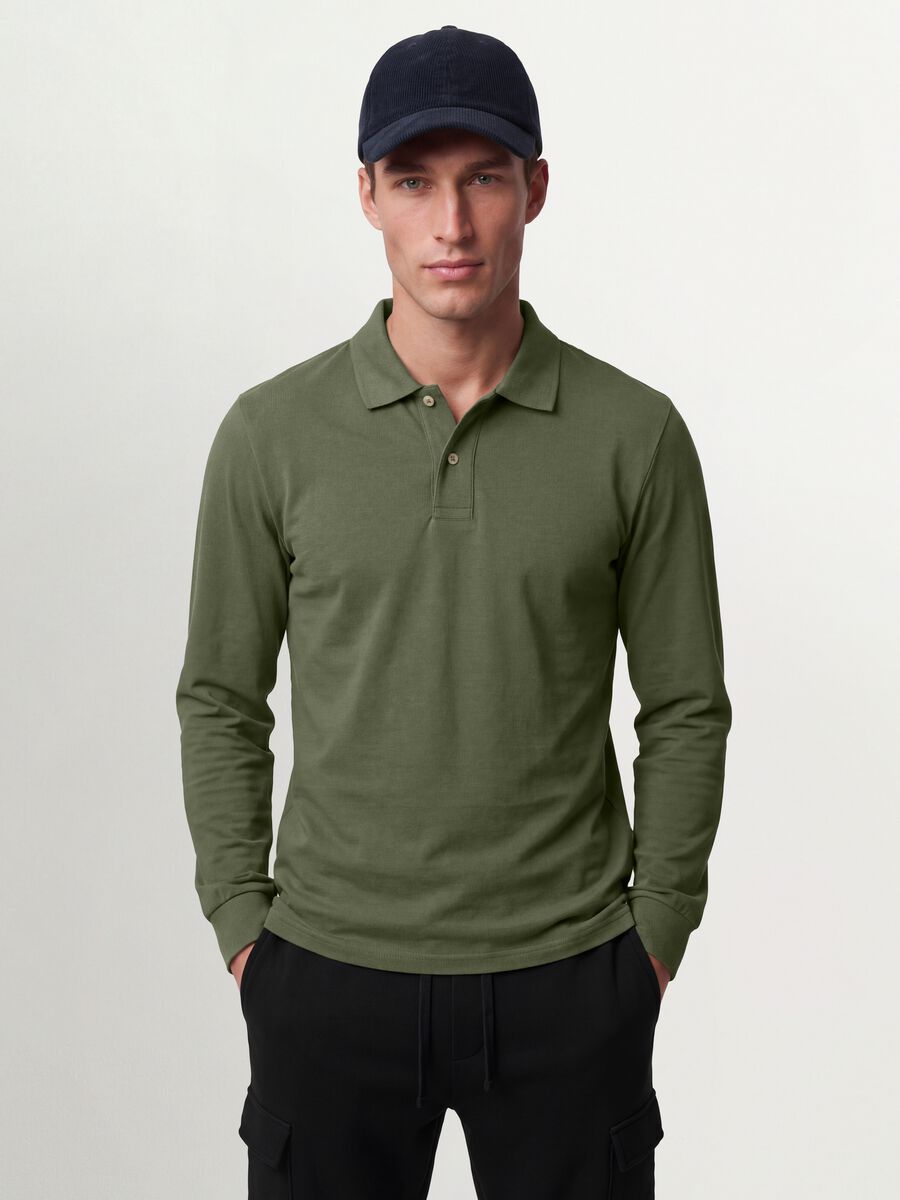 Polo verde in piquet di puro cotone organico a maniche lunghe regular fit_1
