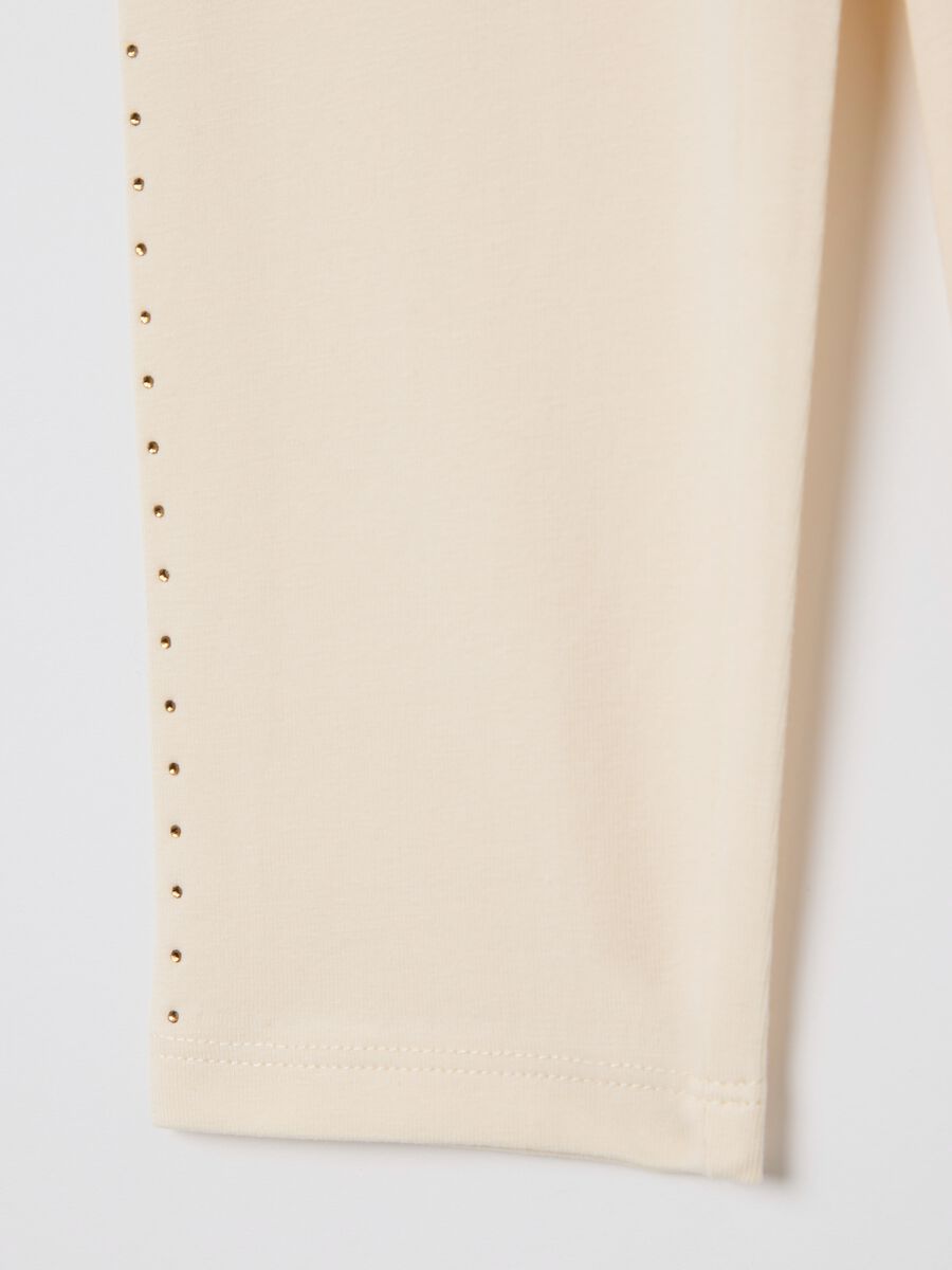 Beige three-quarter leggings in stretch cotton with diamantés_3