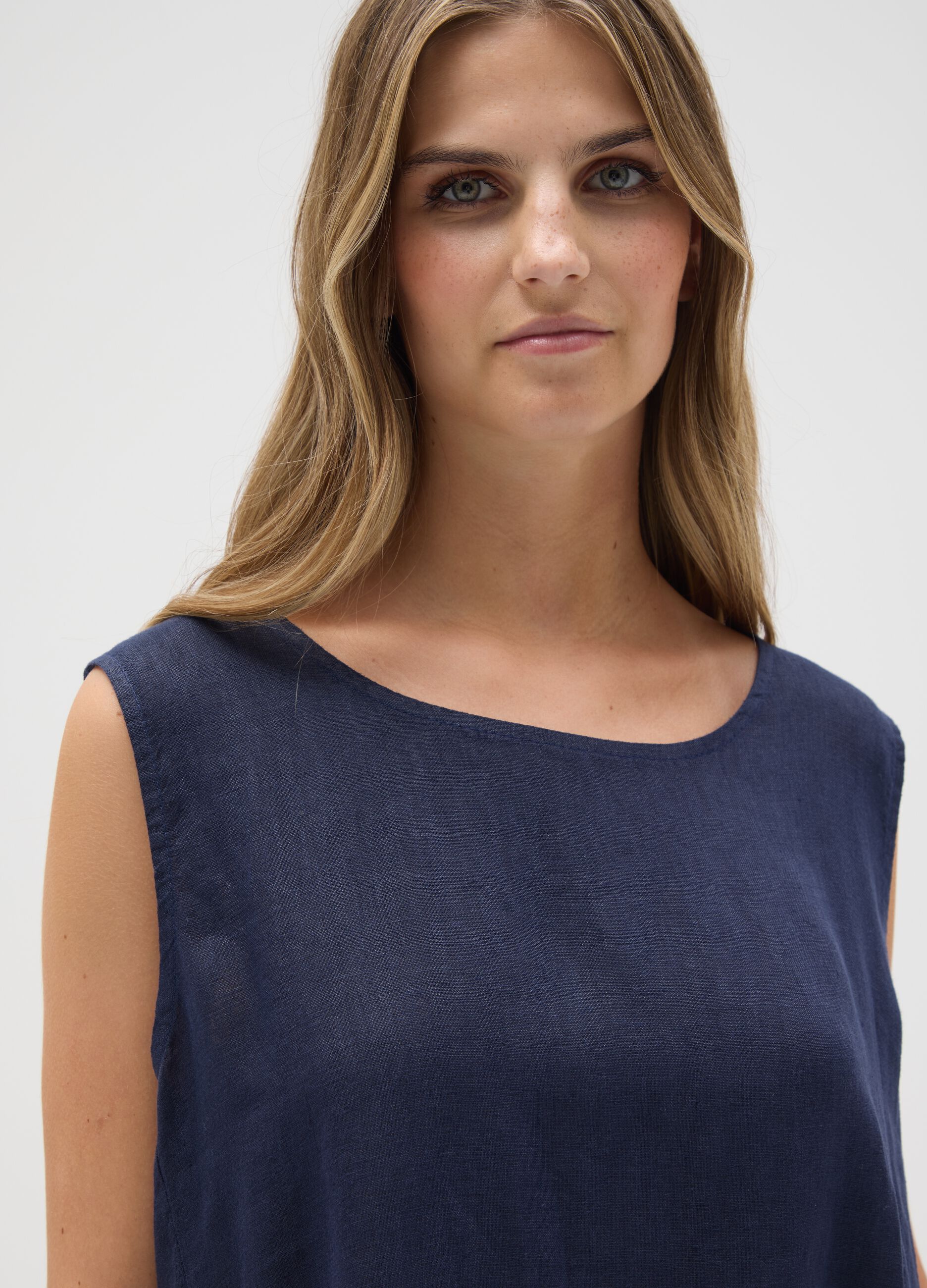 Women's Pure Blue Linen Dress Regular Fit