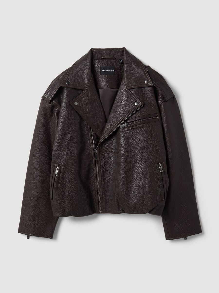 Giacca biker marrone in vera pelle over fit_4