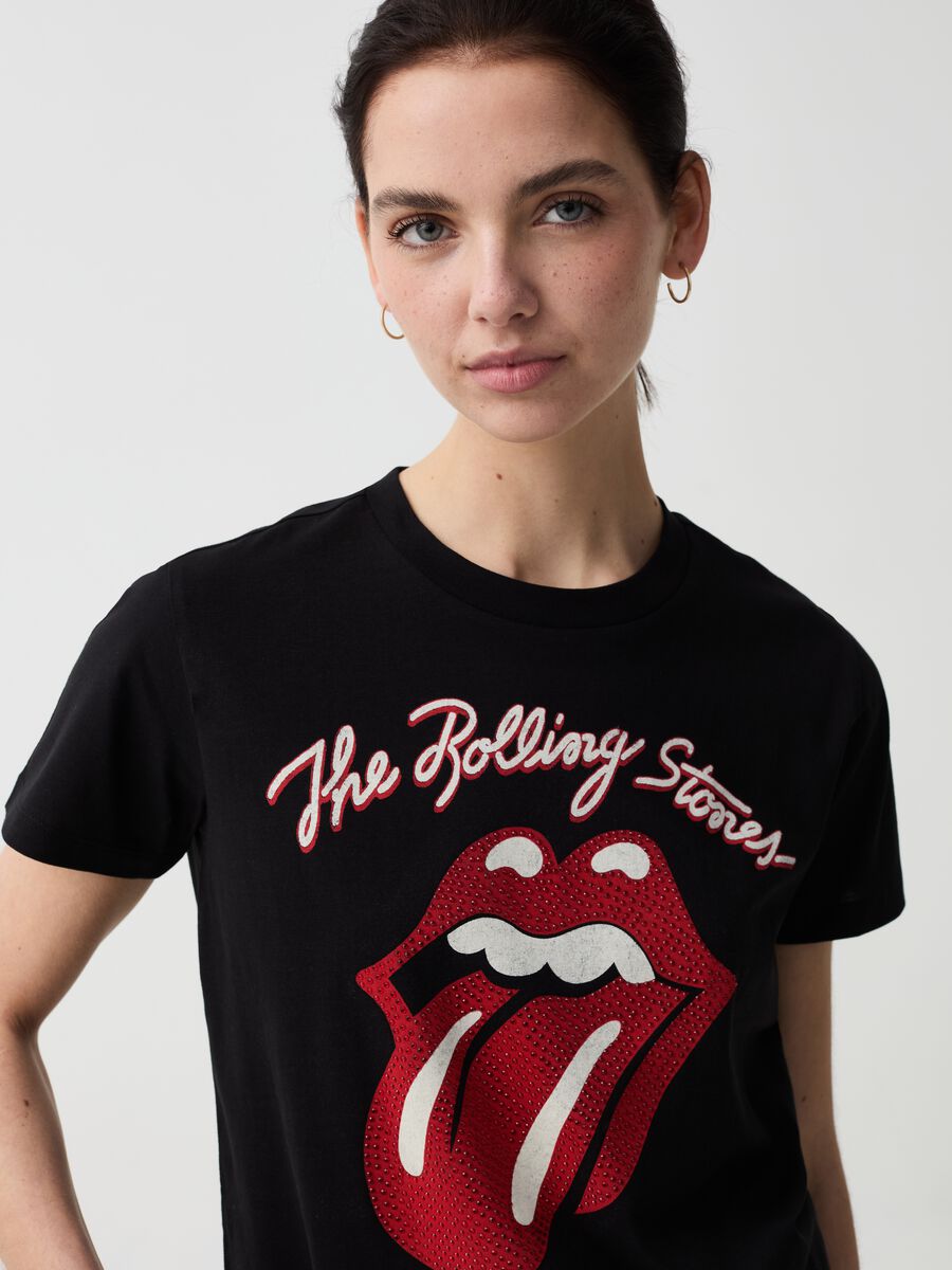 T-shirt stampa logo Rolling Stones con strass_1