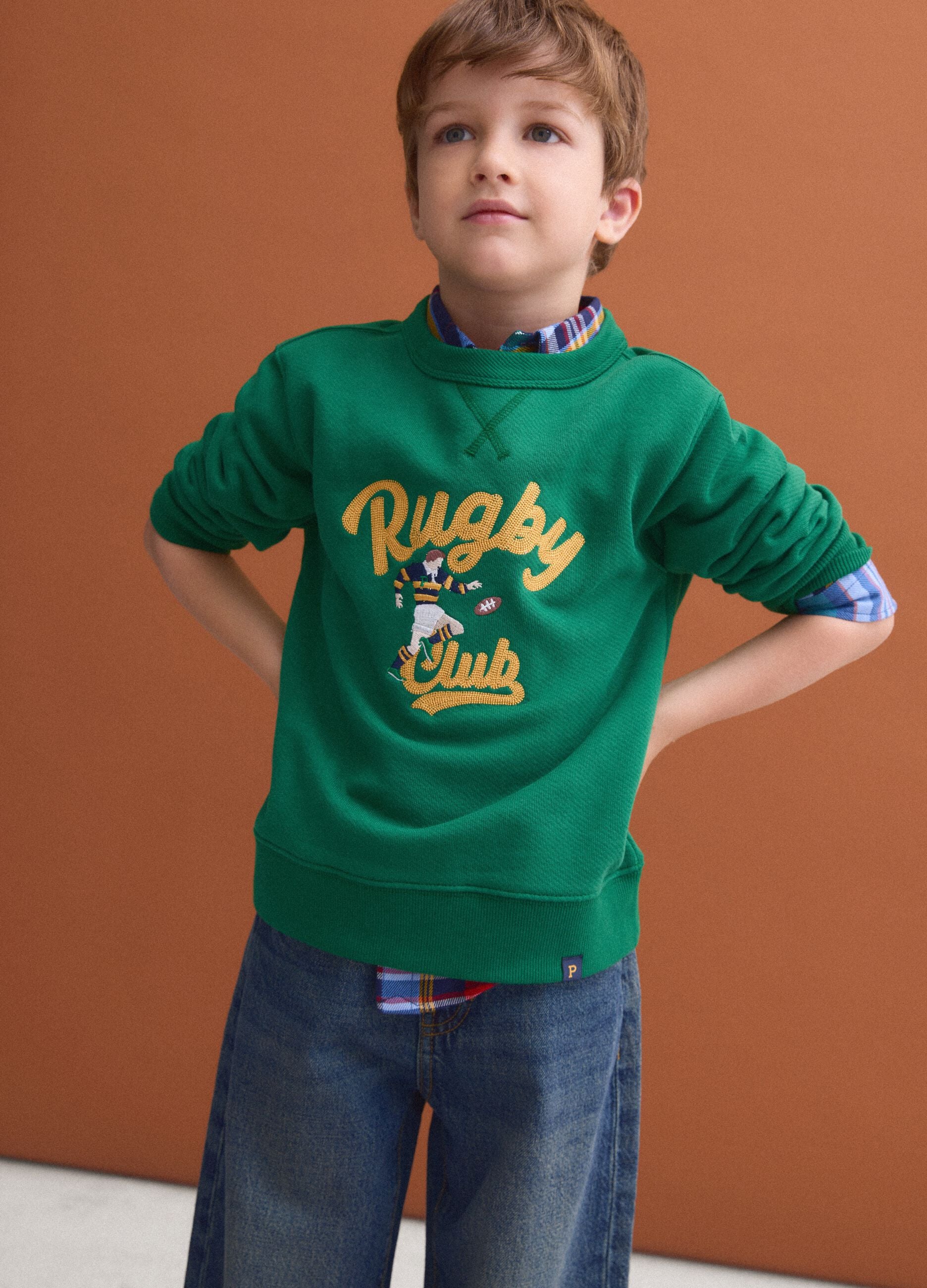 Oversized green sweatshirt in pure organic cotton with college print