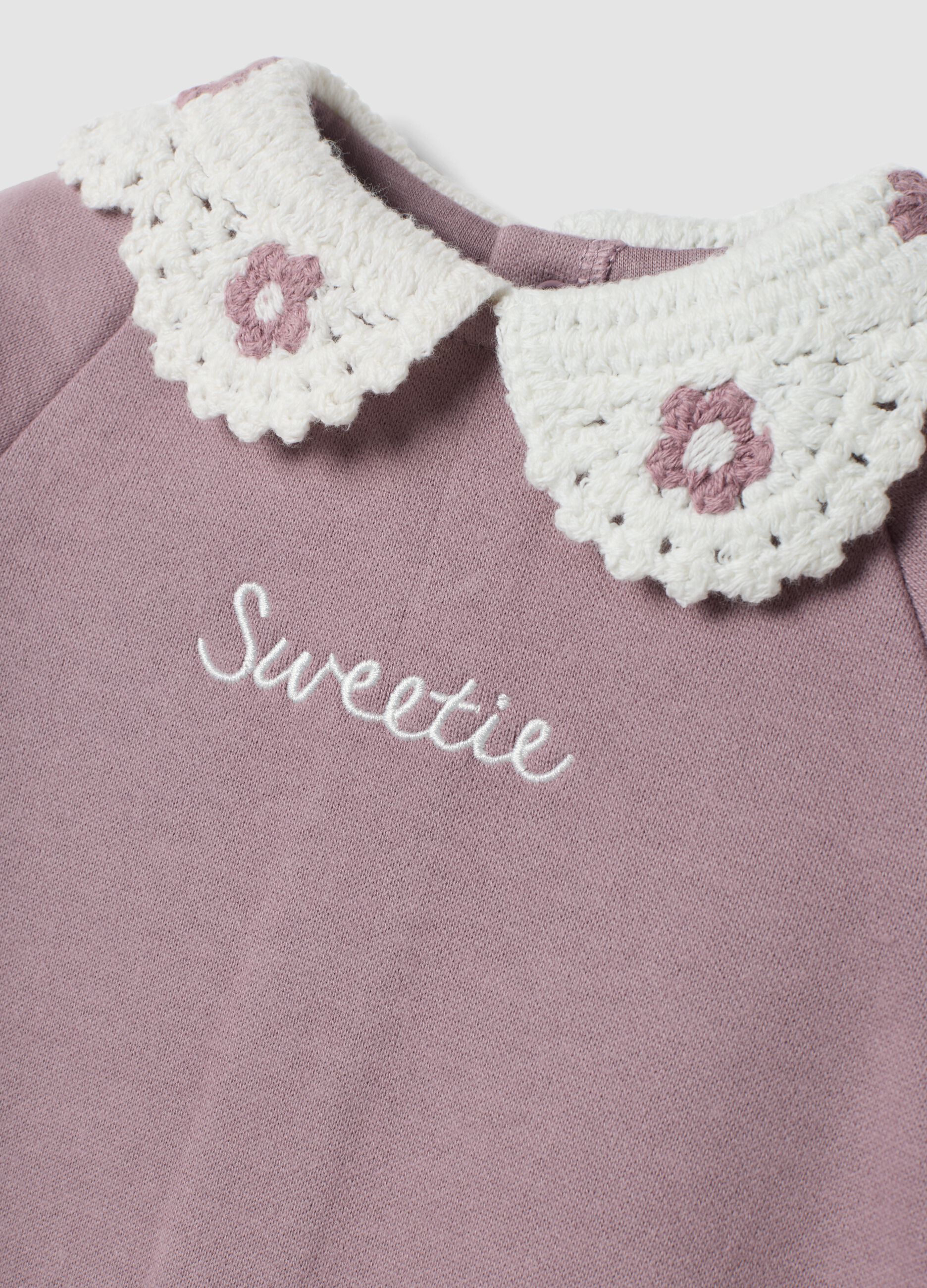 Purple organic cotton baby sleepsuit with crochet collar
