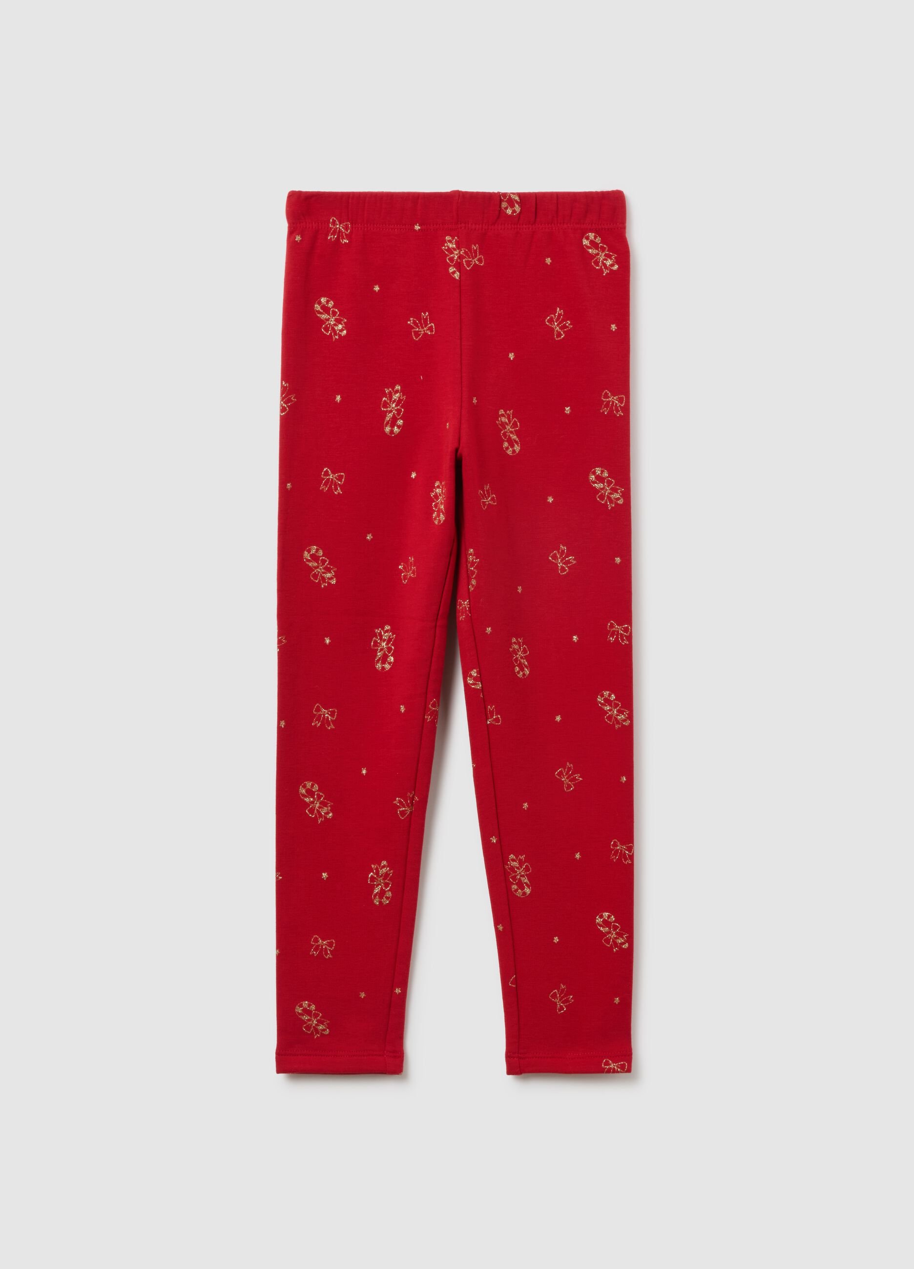Girls' red skinny cotton leggings with prints