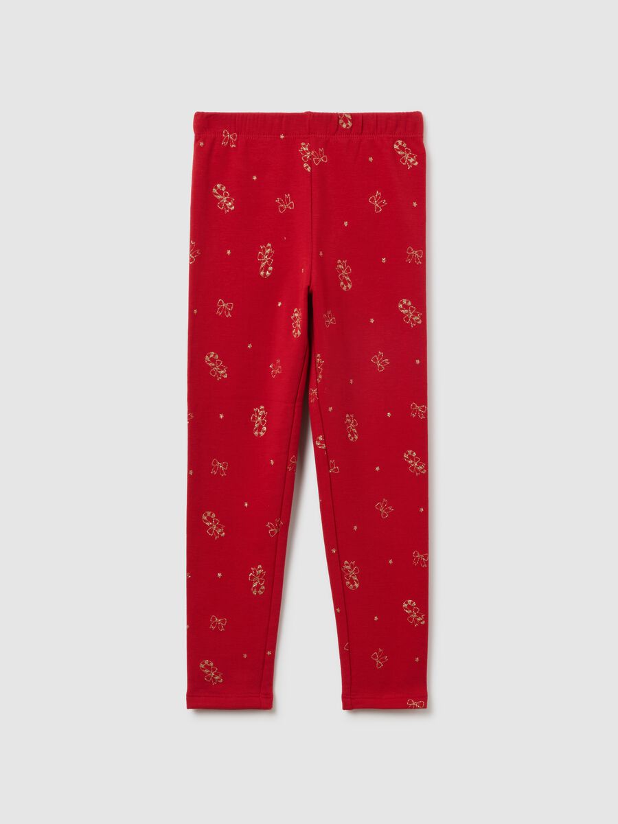 Leggings skinny rossi da bambina in cotone elasticizzato con stampe_0
