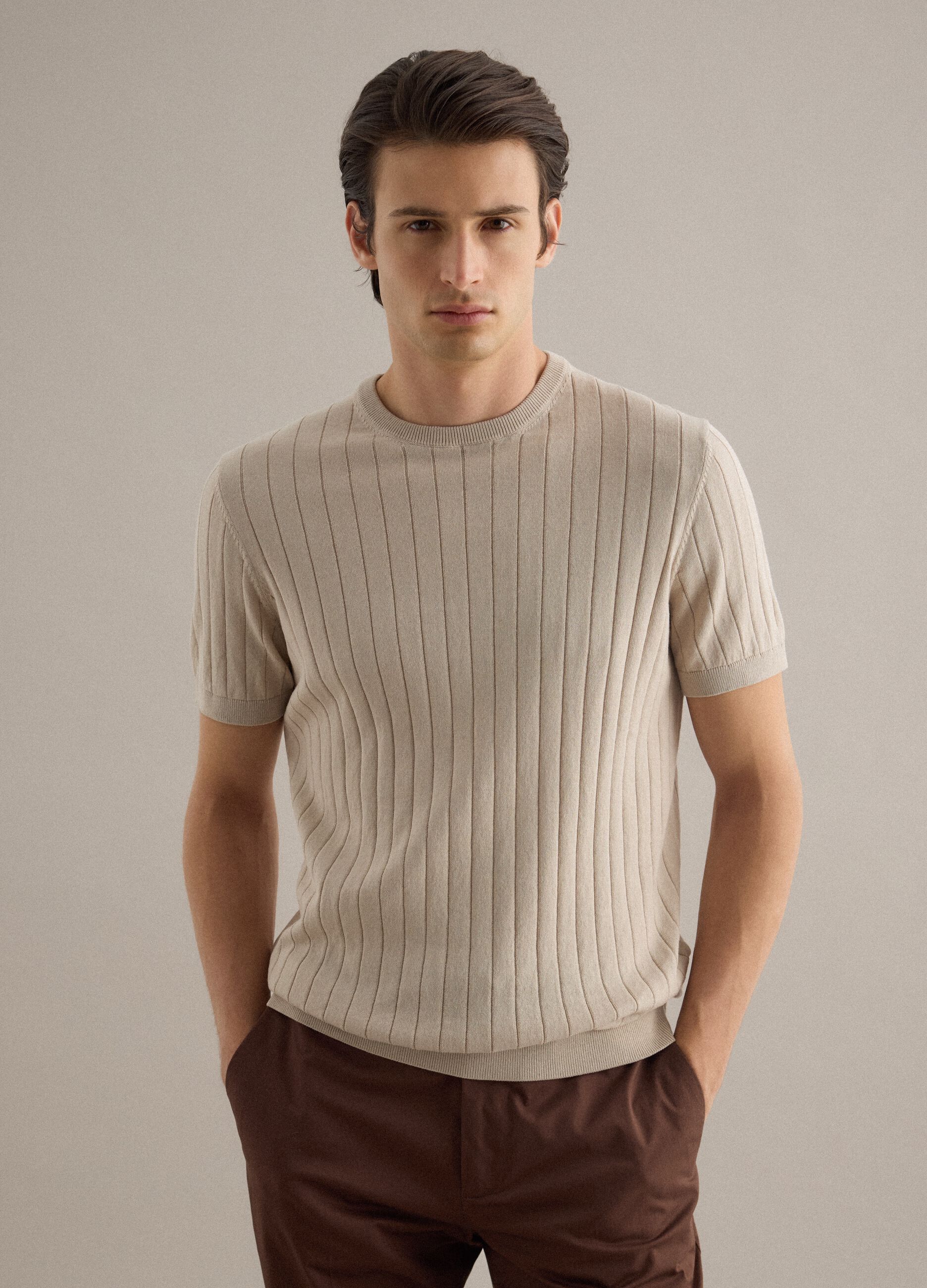 Beige striped pure cotton T-shirt regular fit