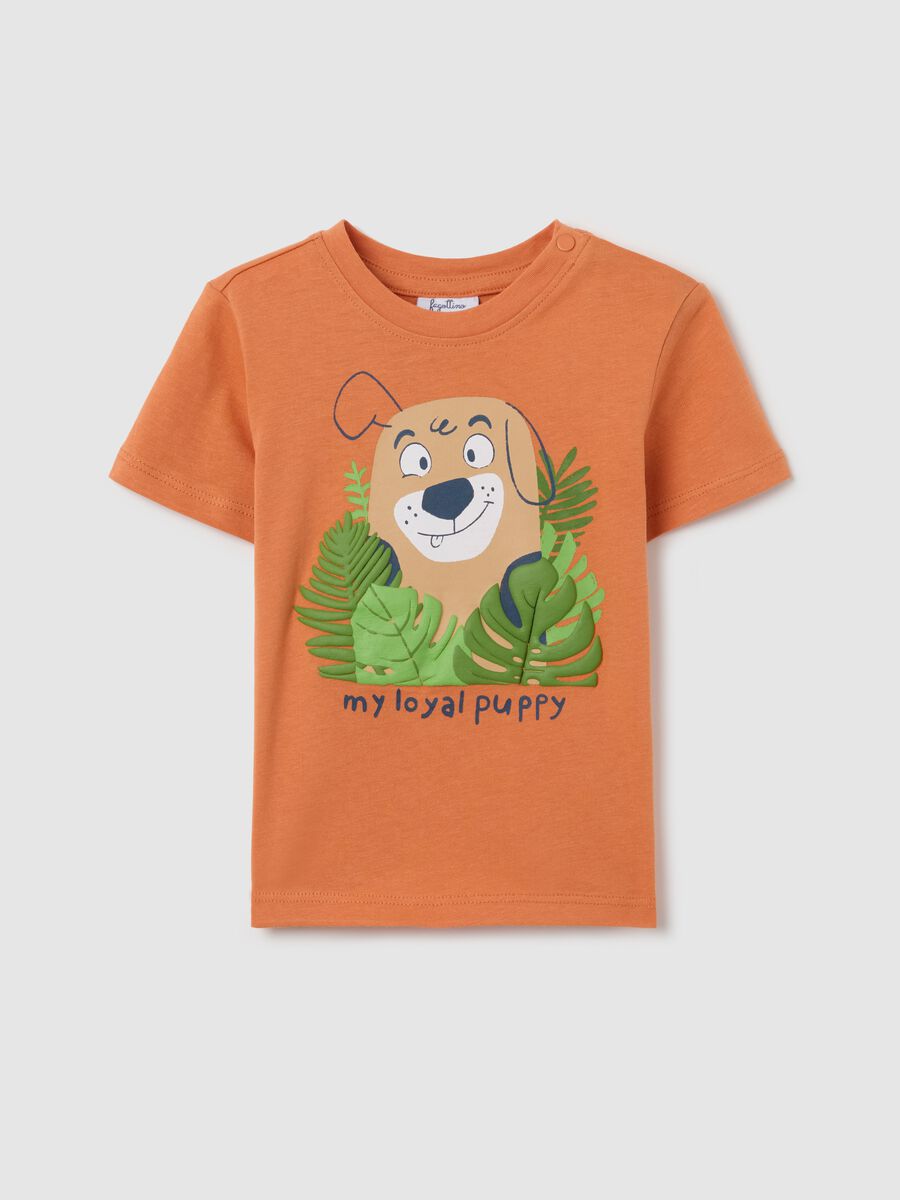 Orange cotton T-shirt with puppy print_0