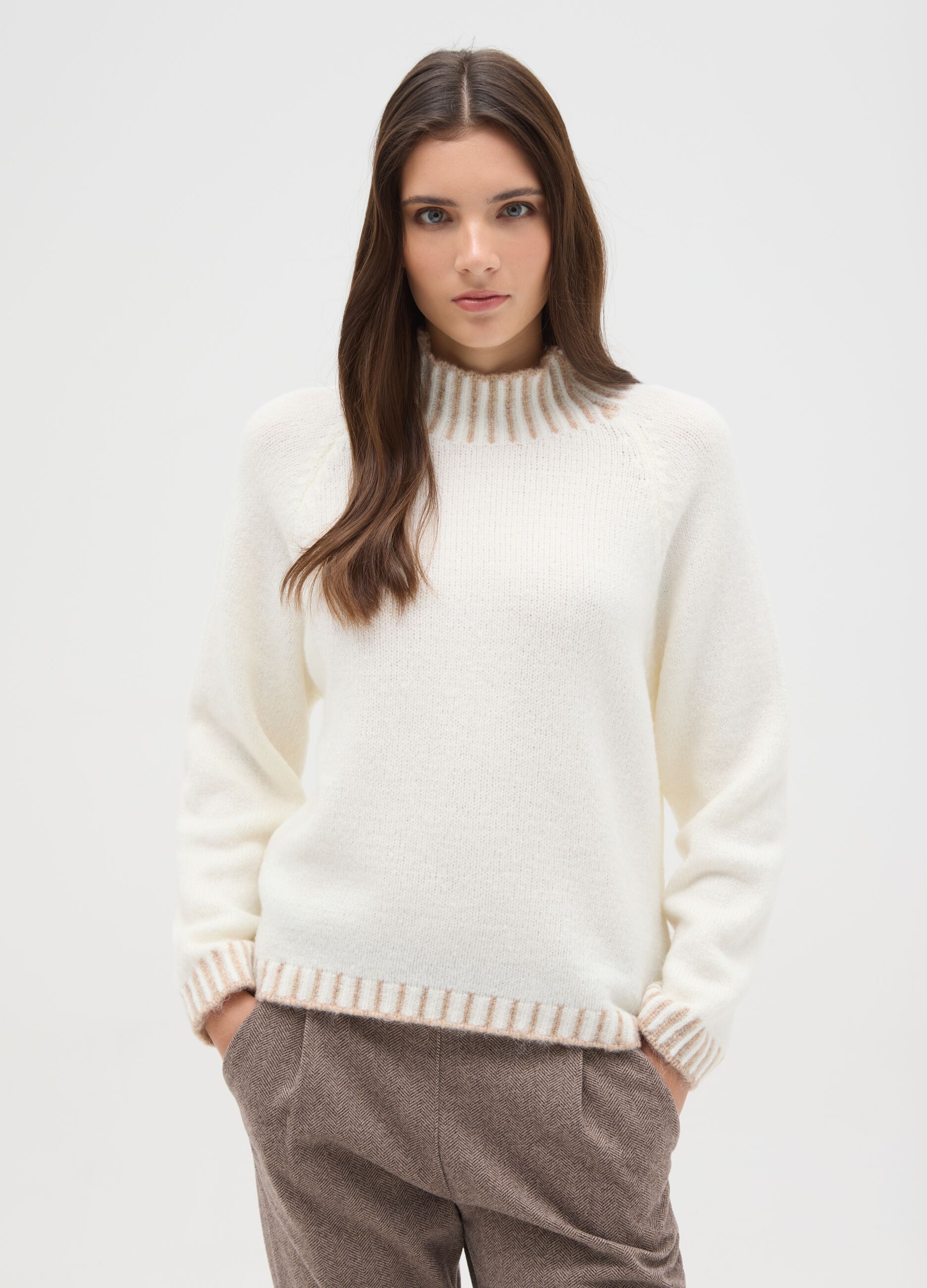 White regular fit jumper with ribbed collar and cut-out details