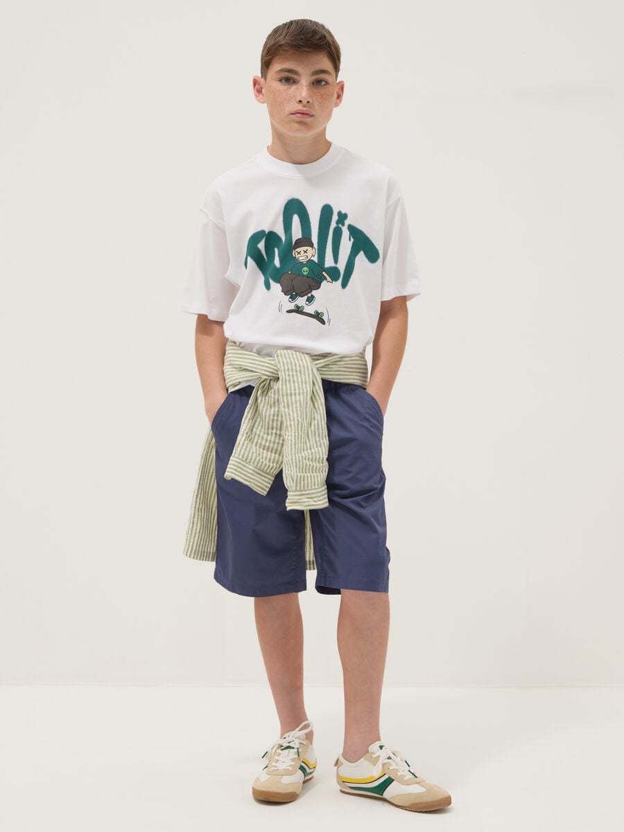 Shorts blu in puro cotone con vita elasticizzata regular fit_0