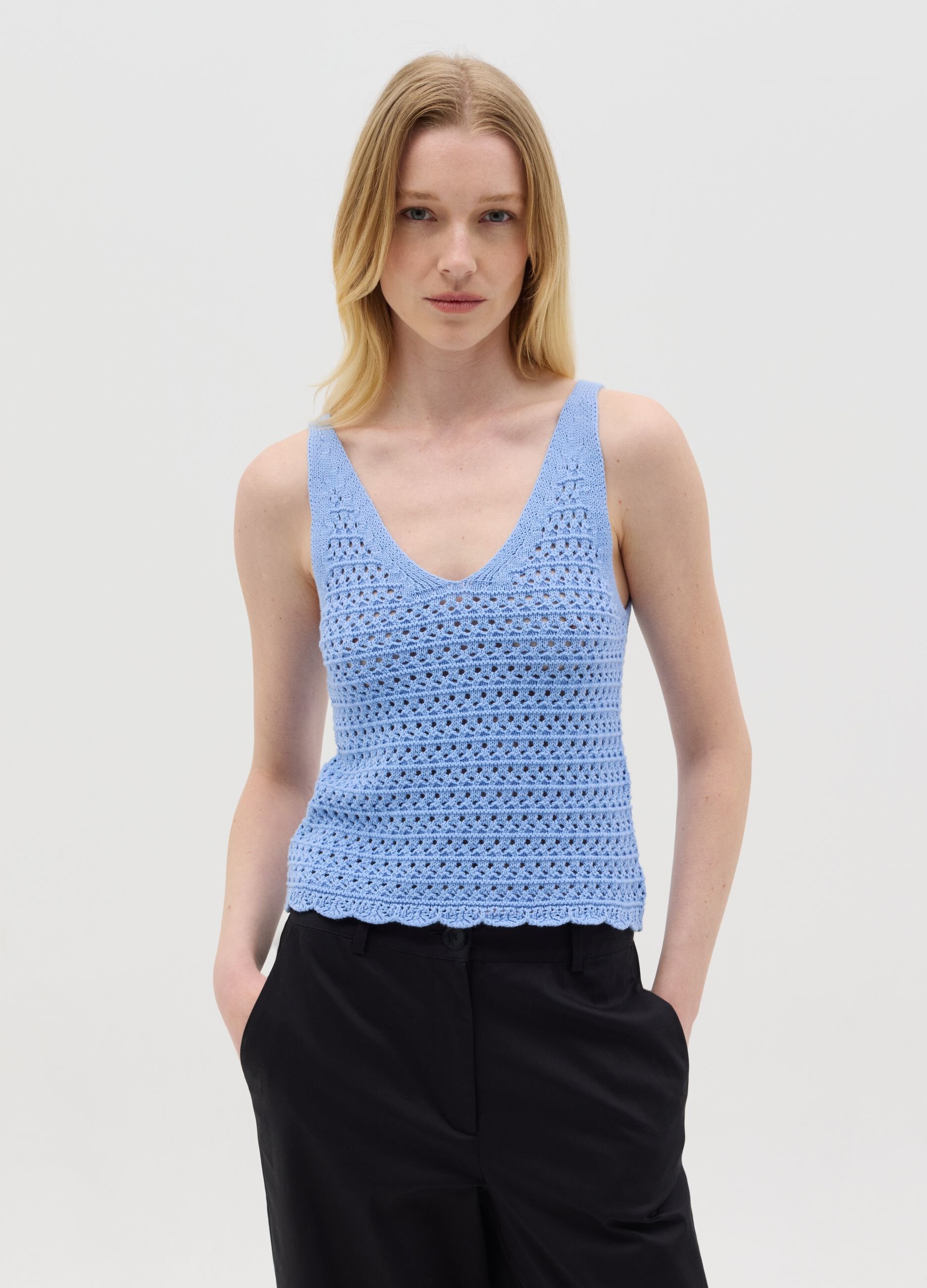 Light blue crochet tank top with V neck