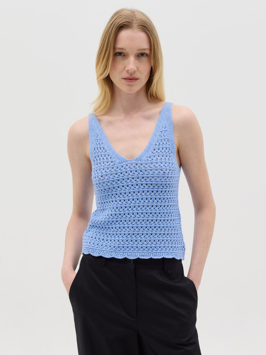 Light blue crochet tank top with V neck_1