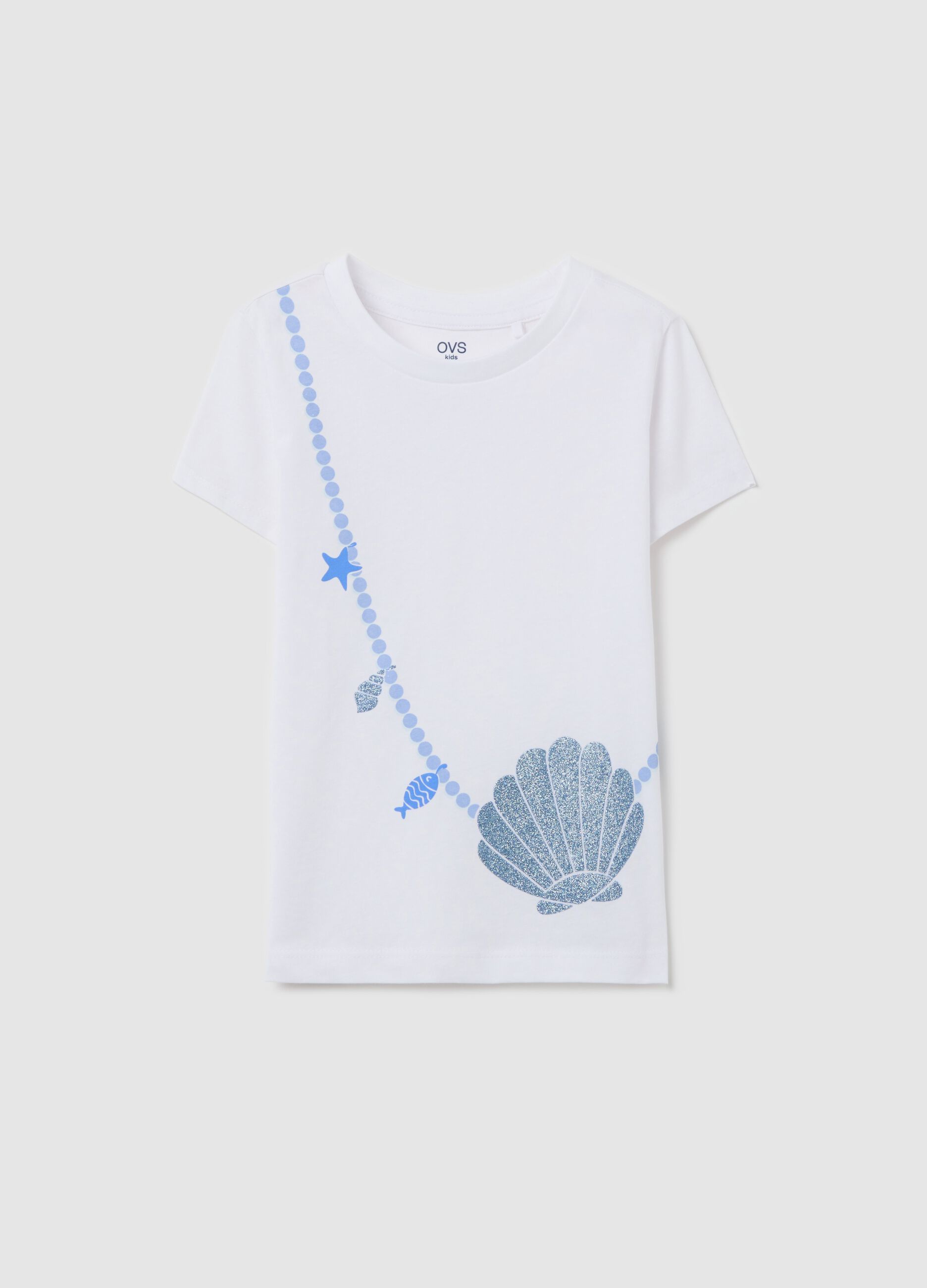 White T-shirt with glitter shell print for girls