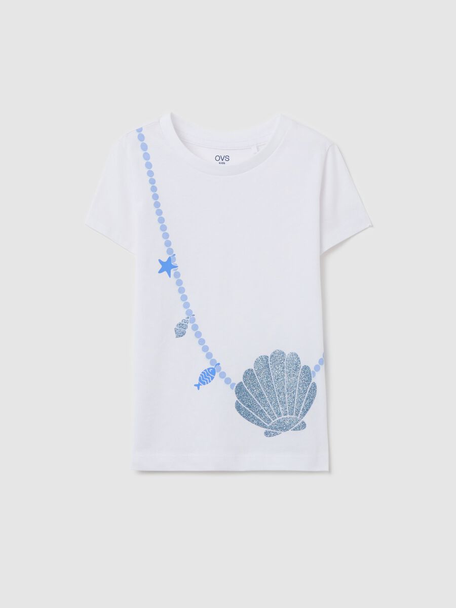 White T-shirt with glitter shell print for girls_0
