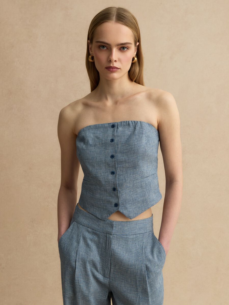 Corsetto in misto lino a quadri bianchi e blu slim fit_0