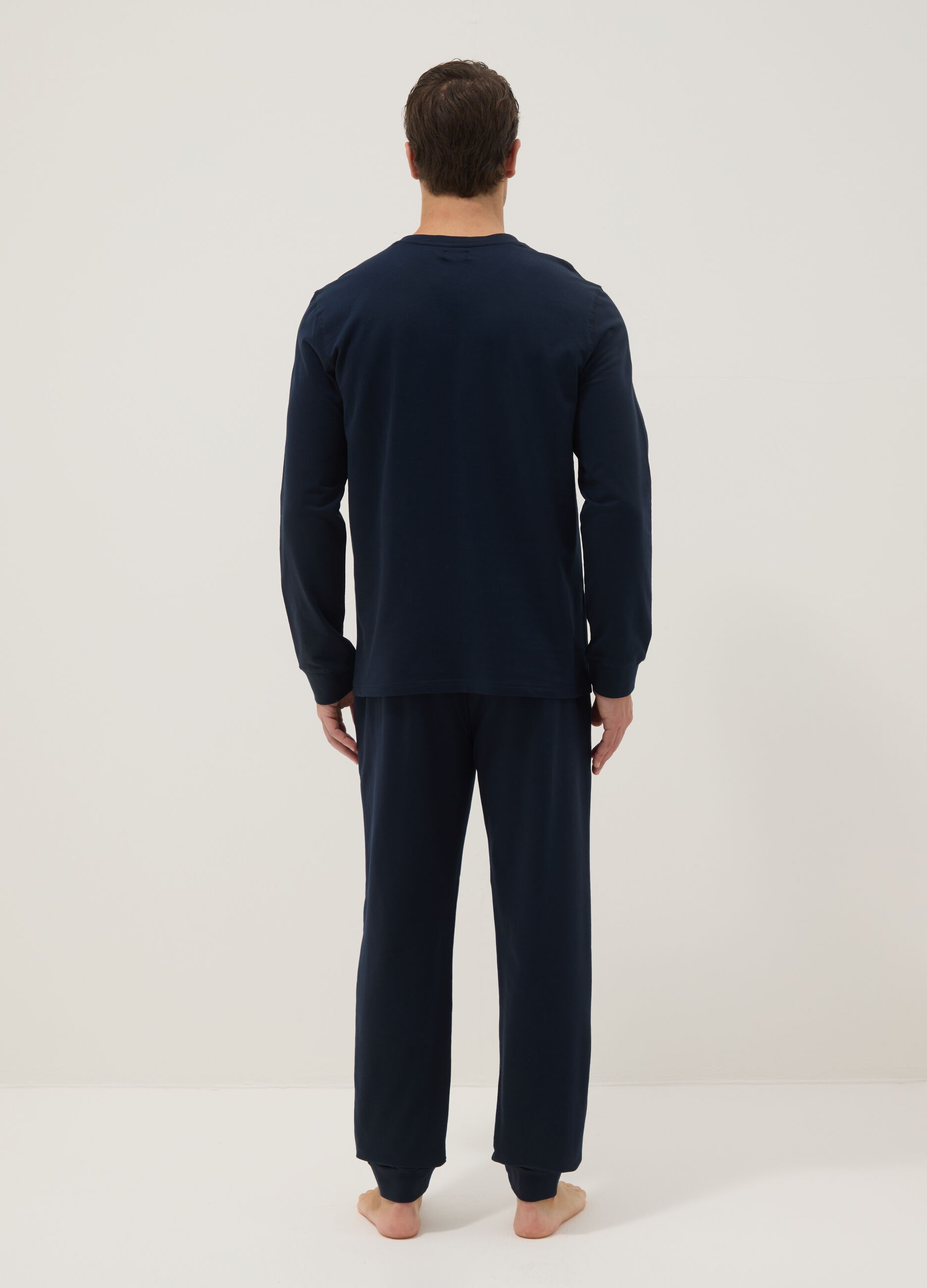 Blue long pyjama in pure cotton, regular fit with Henley collar